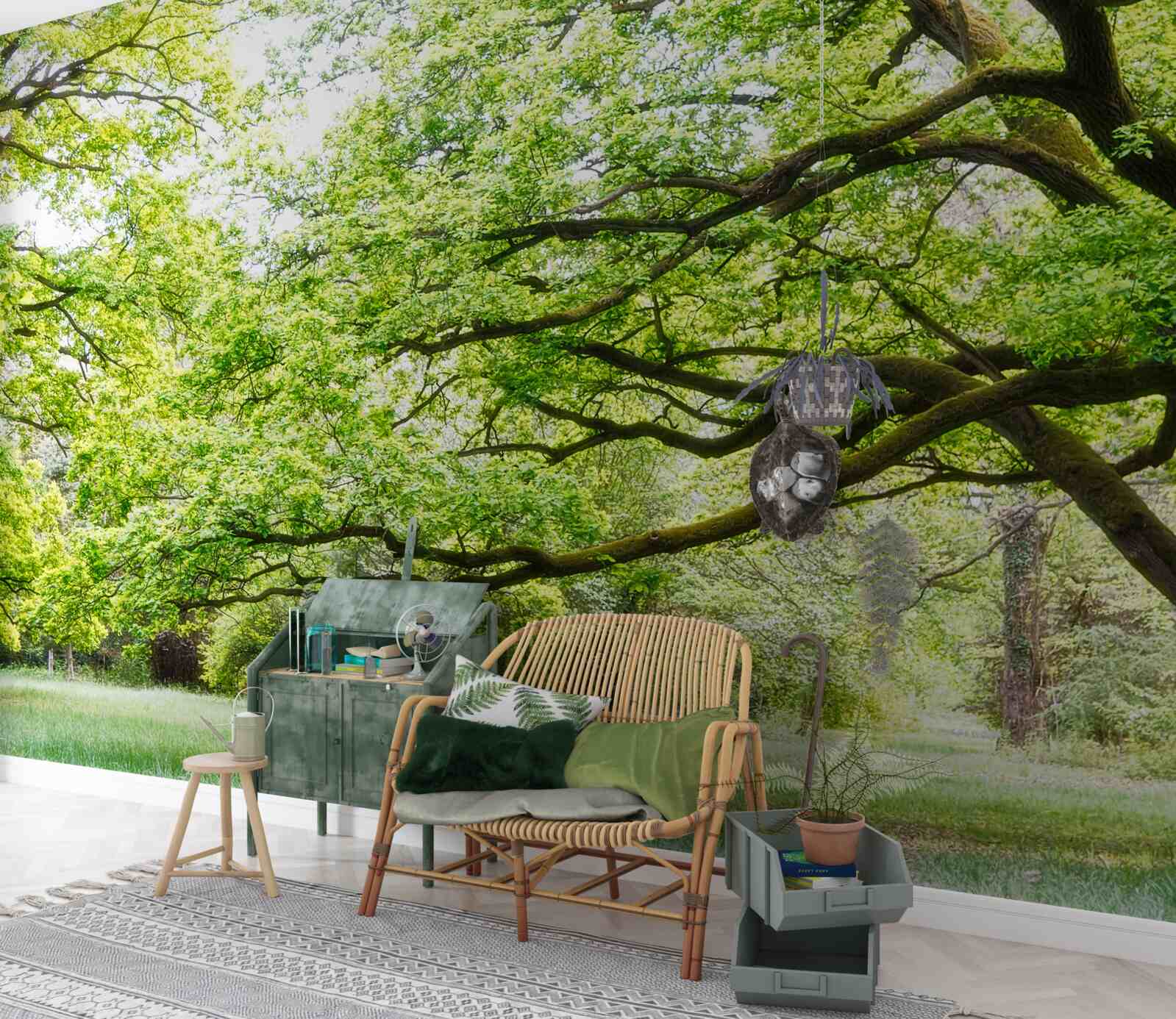 Fotobehang oude boom met groene bladeren op een zomerse dag