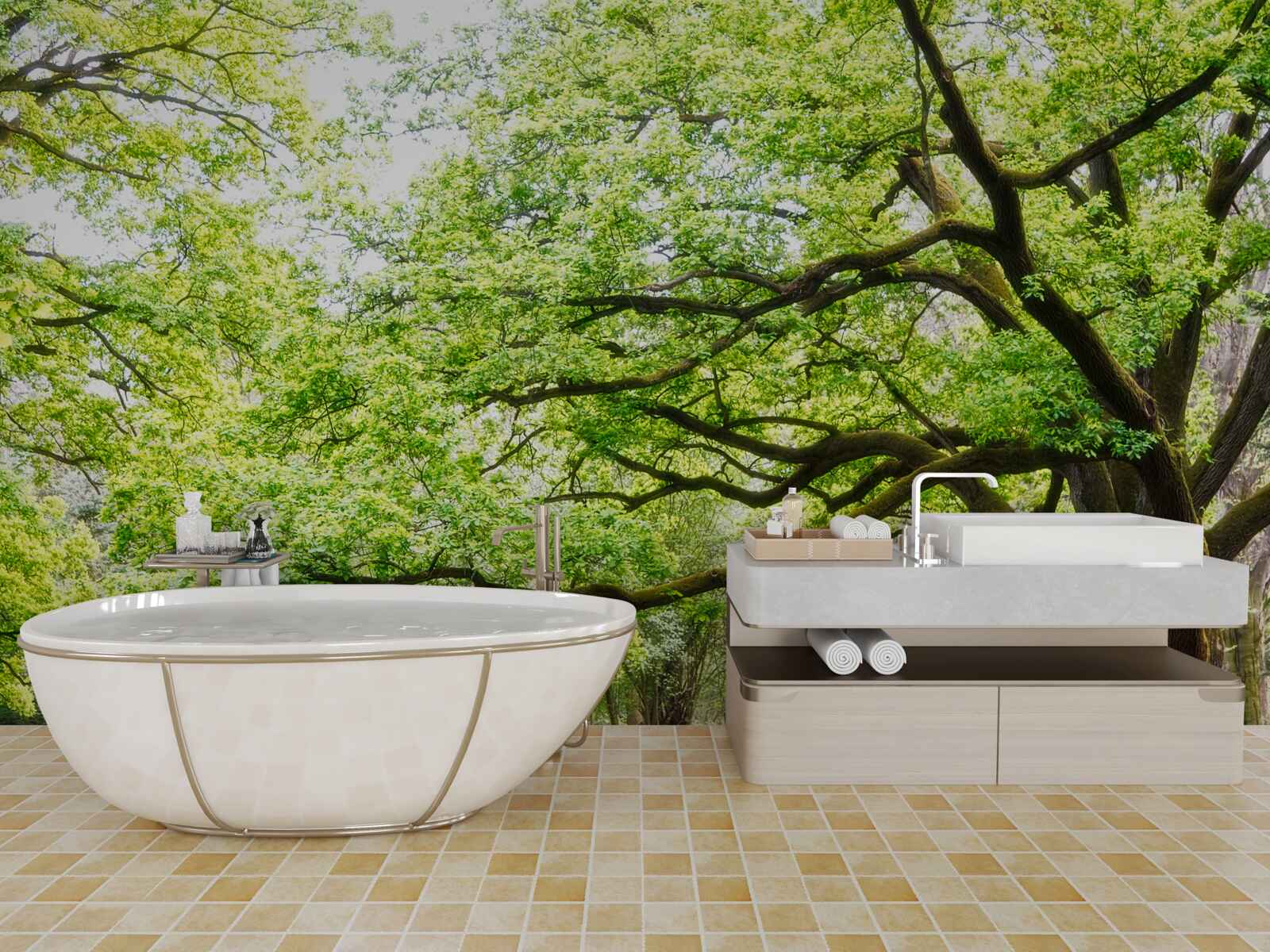 Fotobehang oude boom met groene bladeren op een zomerse dag