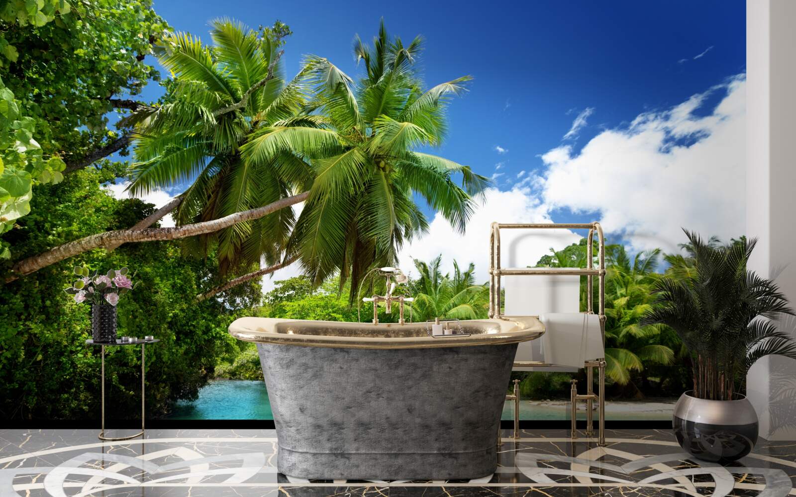 Fotobehang tropische palmen en turquoise water