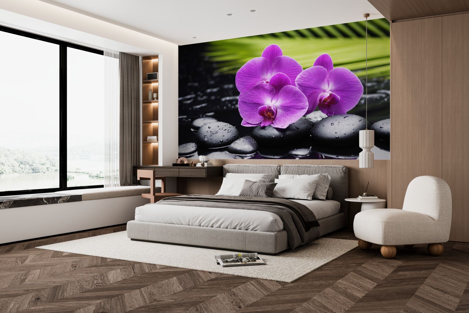 Fotobehang paarse orchidee op een zwarte steen bij het water