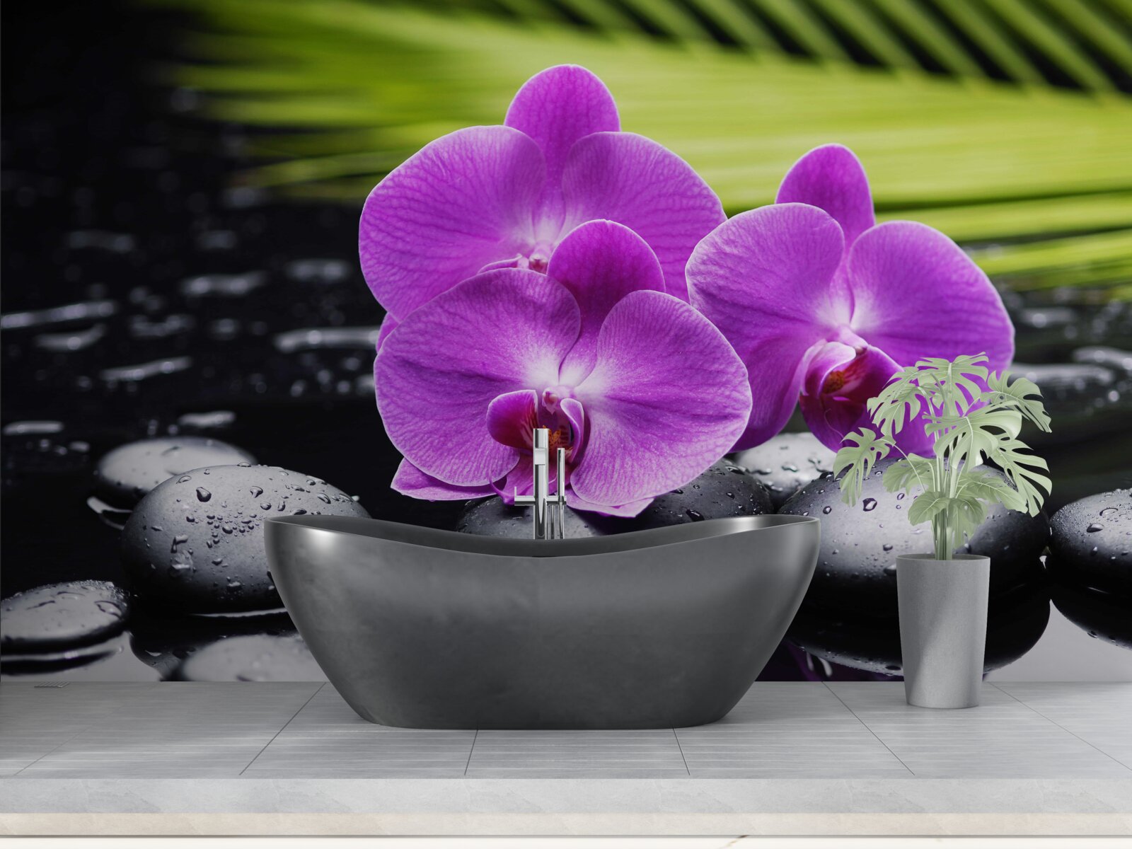 Fotobehang paarse orchidee op een zwarte steen bij het water