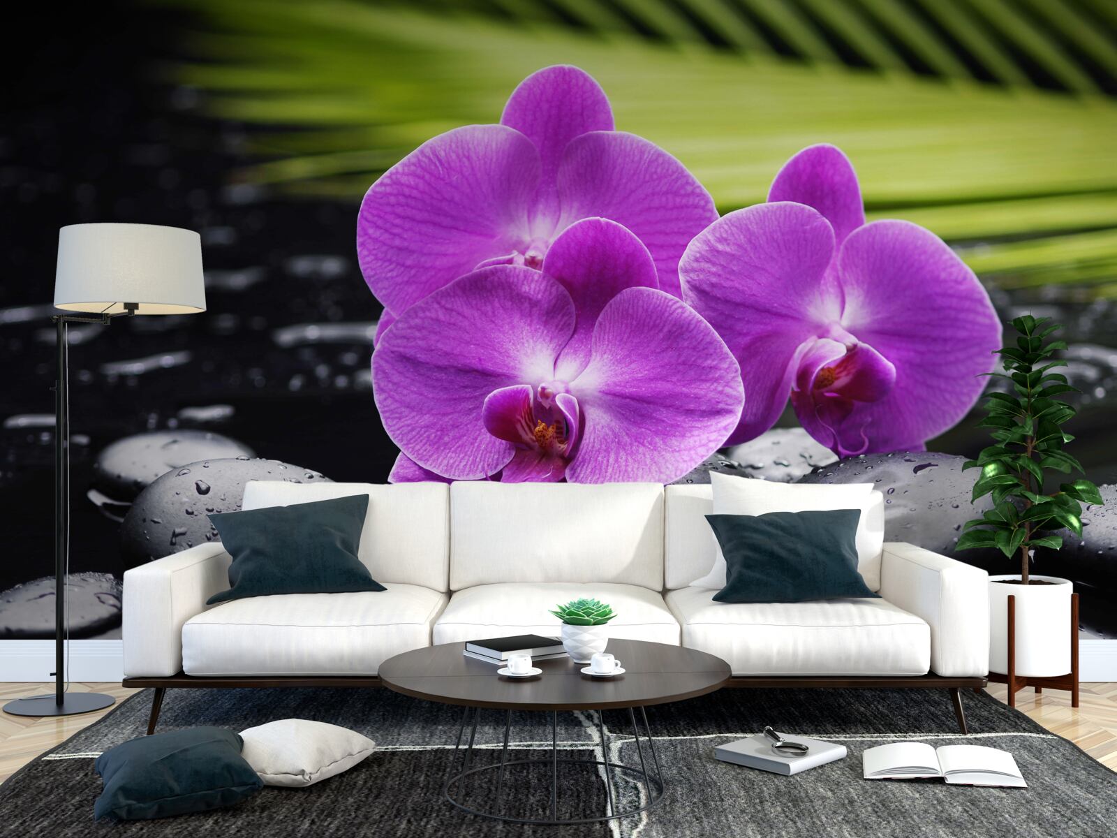 Fotobehang paarse orchidee op een zwarte steen bij het water