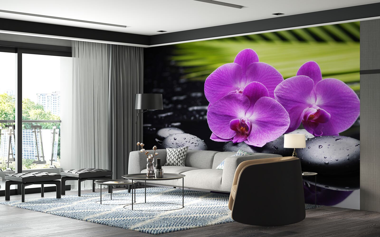 Fotobehang paarse orchidee op een zwarte steen bij het water