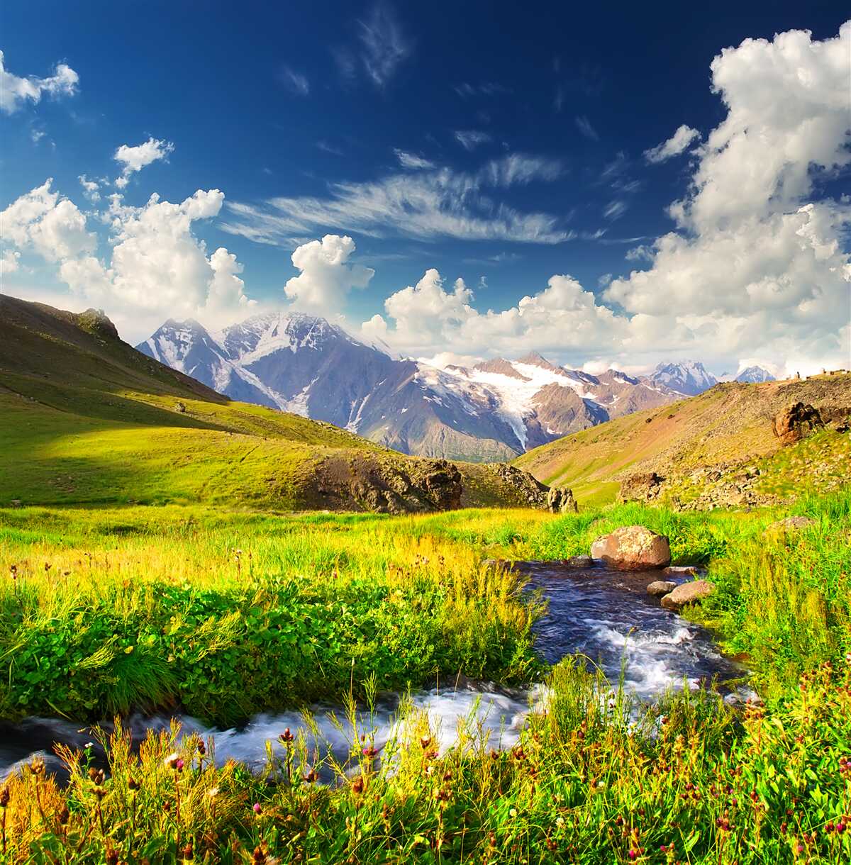 Fotobehang een rivier in de bergen die door weilanden stroomt