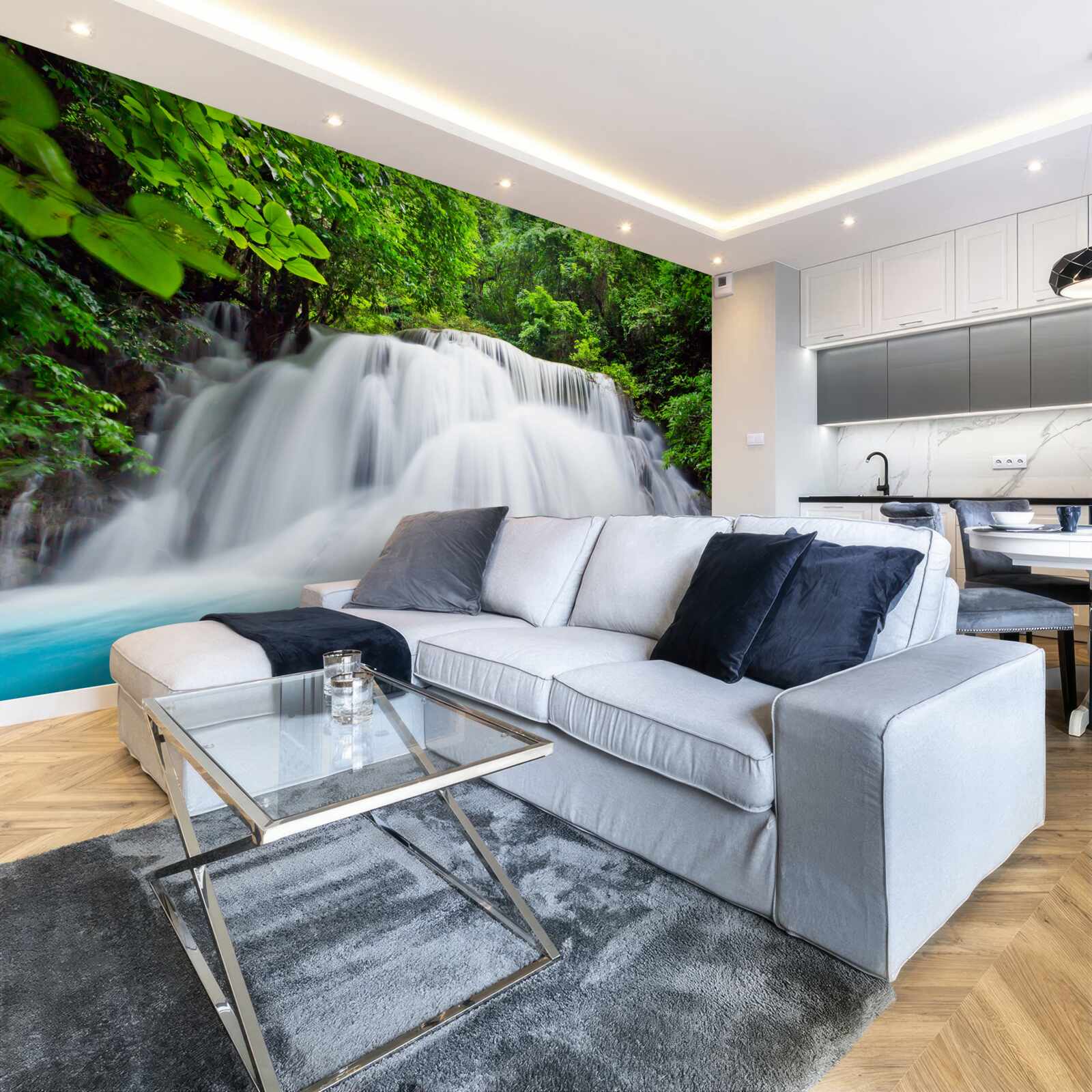 Fotobehang trapsgewijze waterval die snel valt midden in het bos