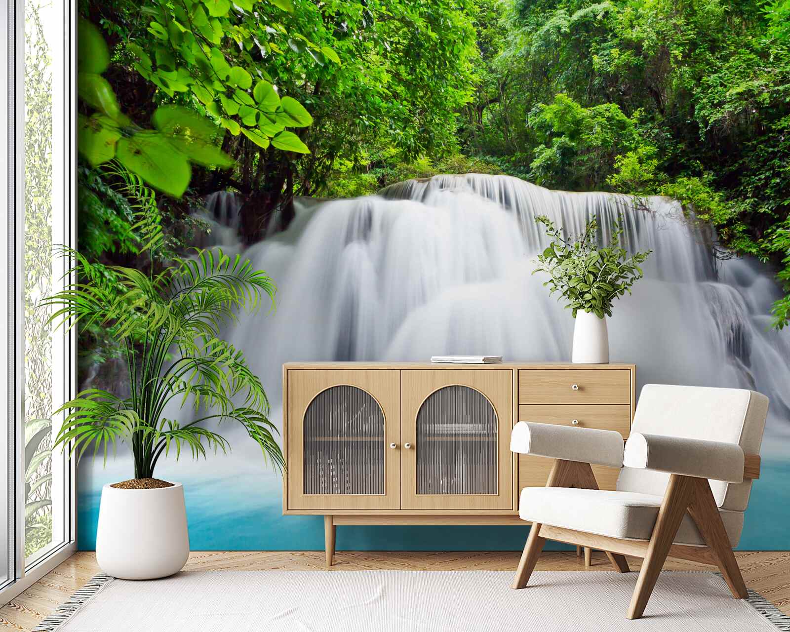 Fotobehang trapsgewijze waterval die snel valt midden in het bos