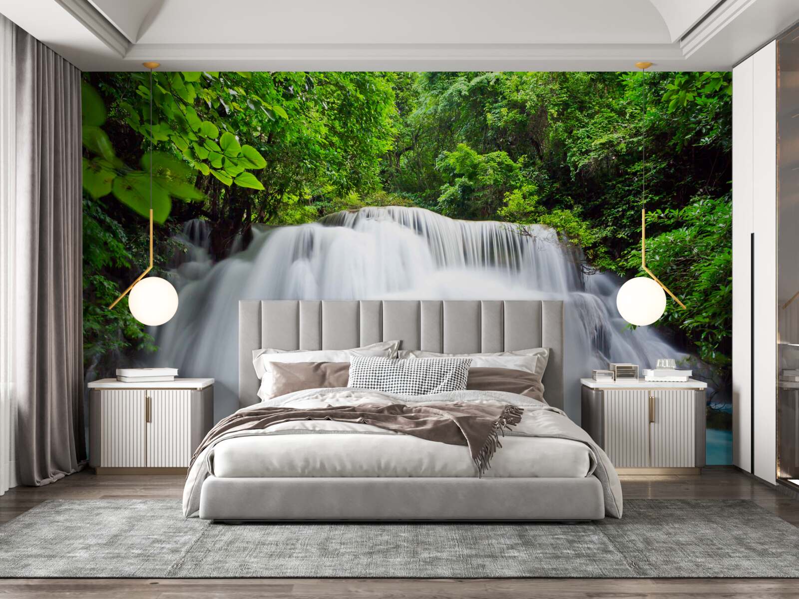 Fotobehang trapsgewijze waterval die snel valt midden in het bos