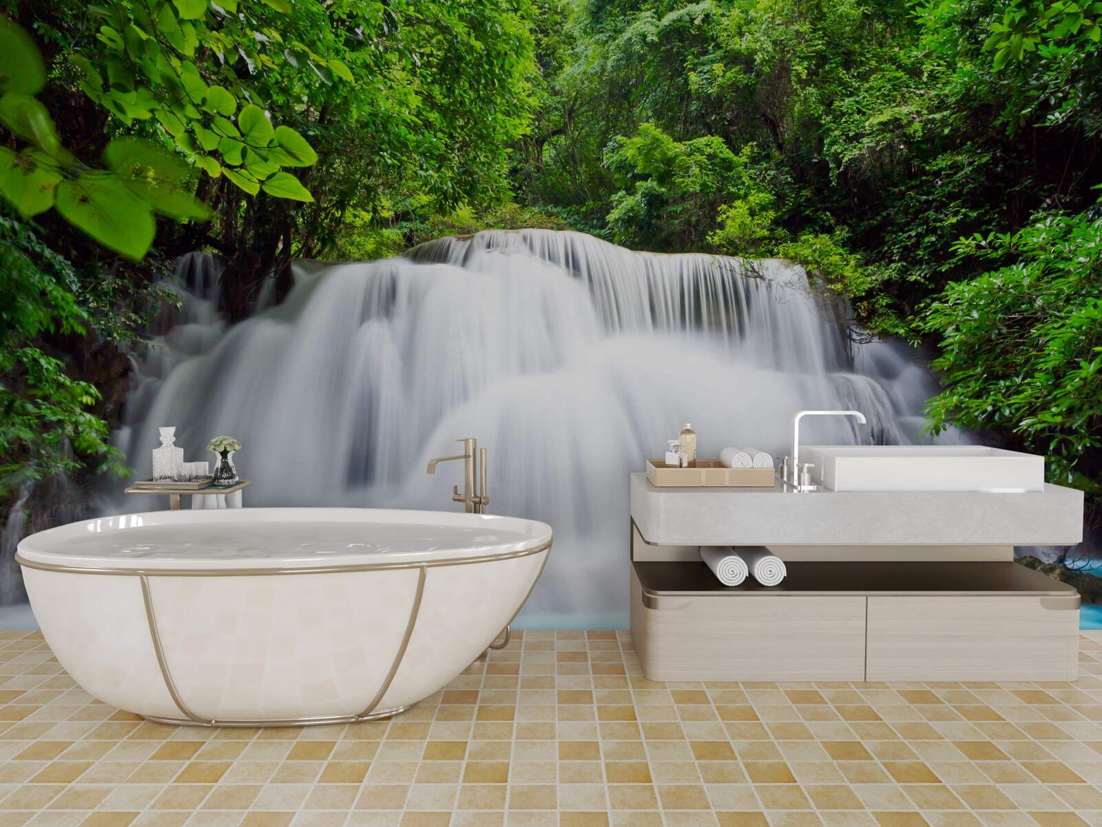 Fotobehang trapsgewijze waterval die snel valt midden in het bos