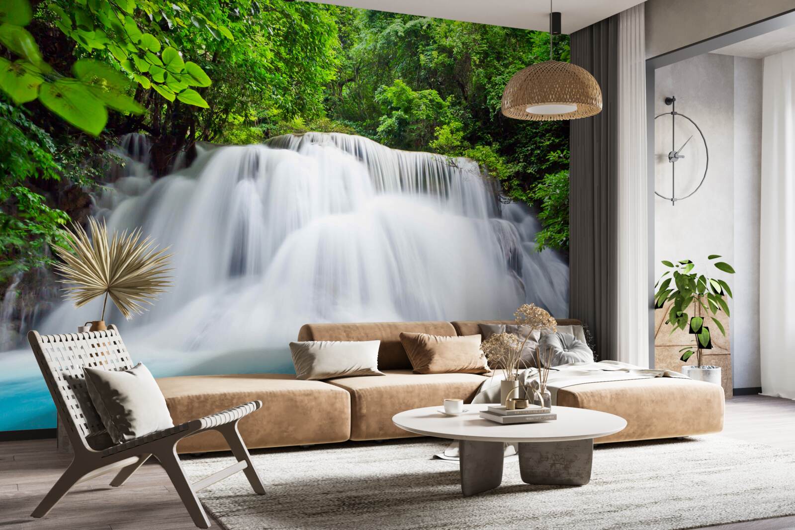 Fotobehang trapsgewijze waterval die snel valt midden in het bos