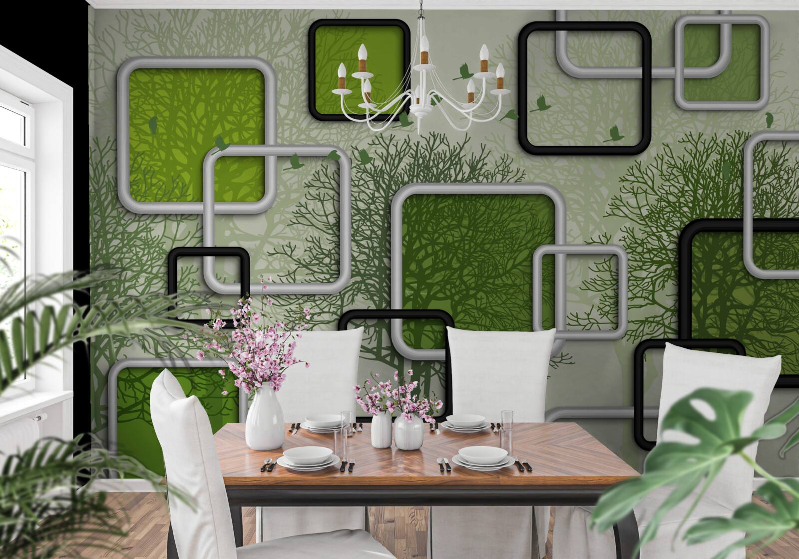 Fotobehang groene achtergrond met abstracte rechthoeken