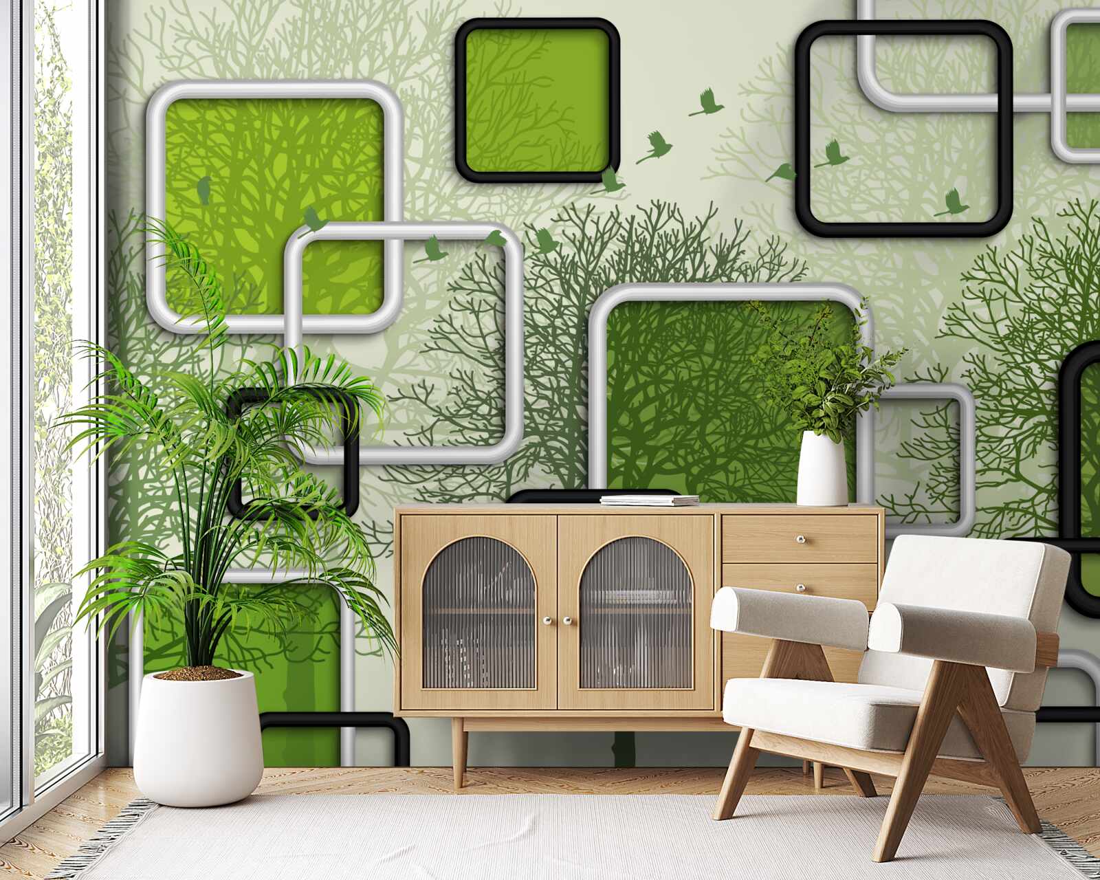 Fotobehang groene achtergrond met abstracte rechthoeken