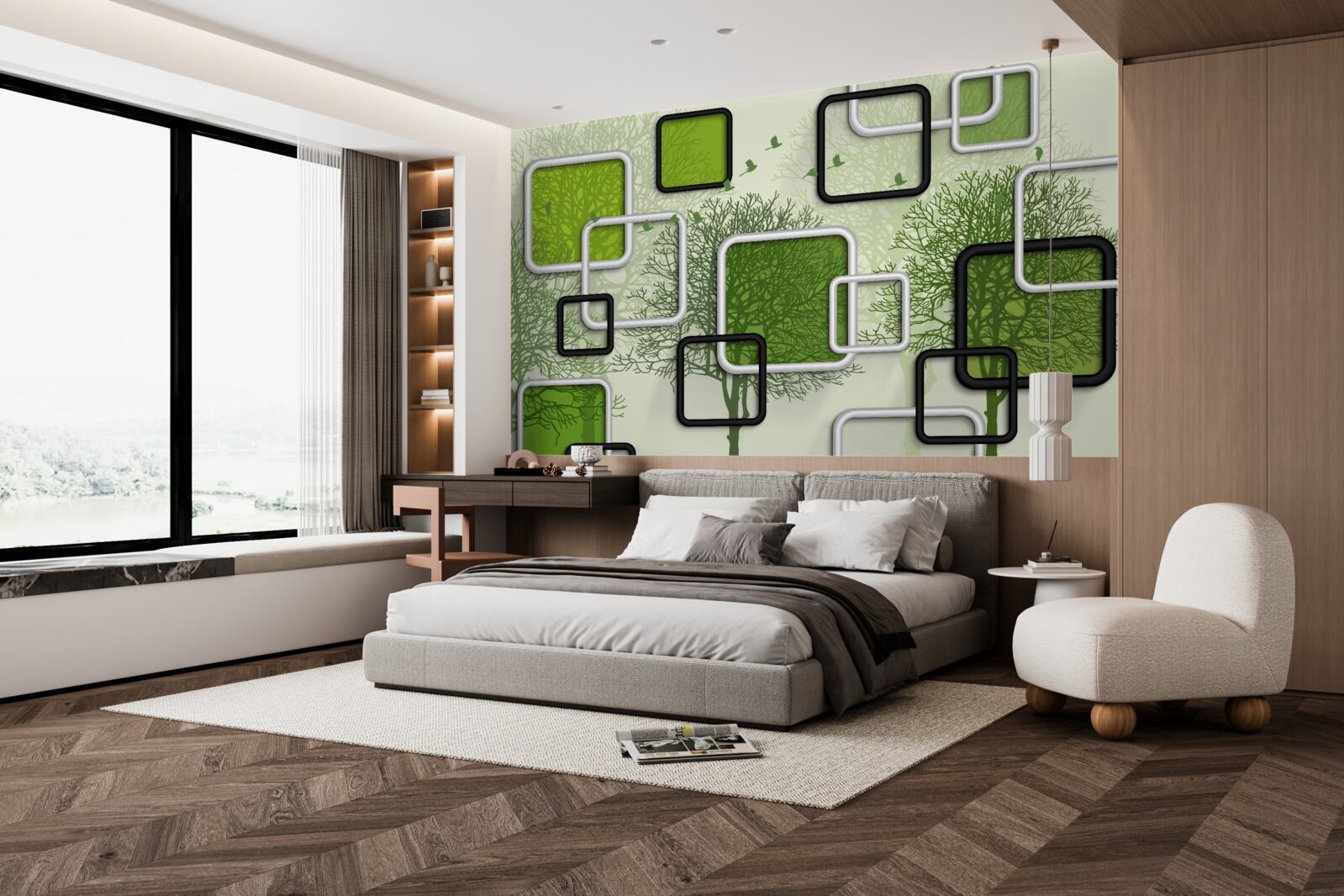 Fotobehang groene achtergrond met abstracte rechthoeken