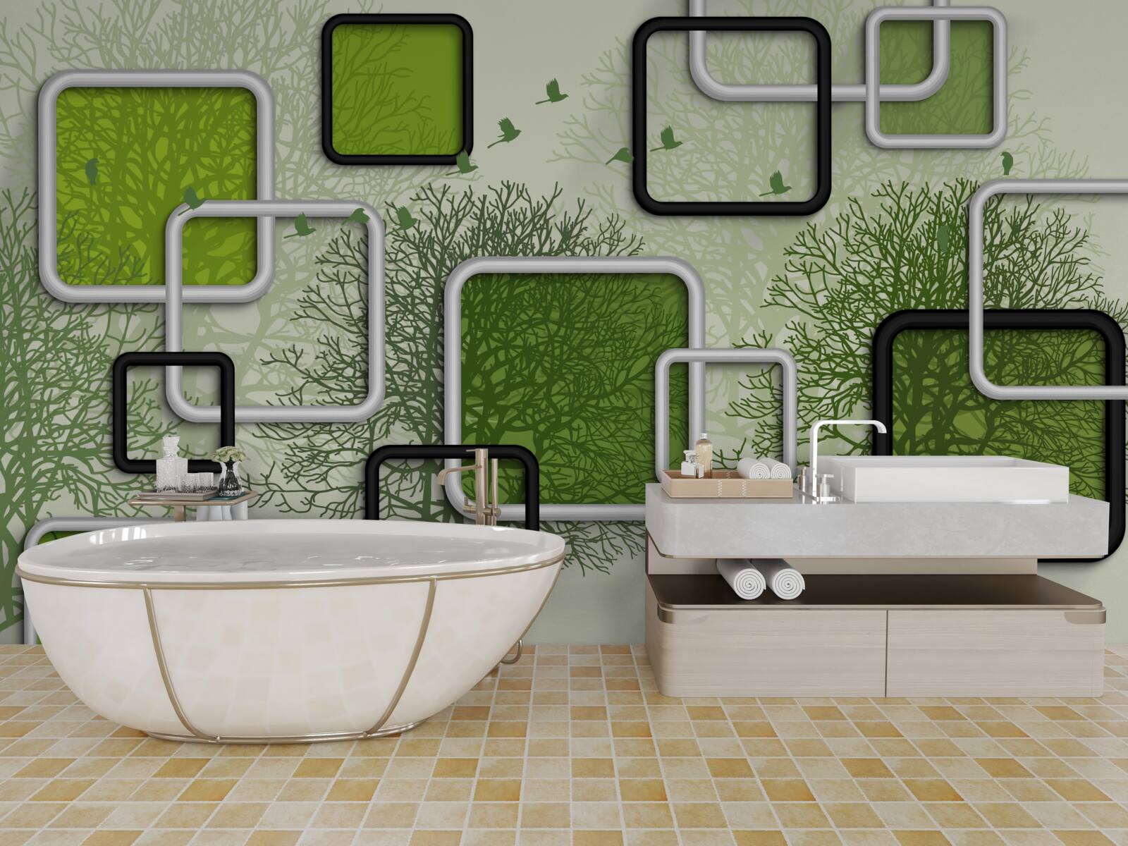 Fotobehang groene achtergrond met abstracte rechthoeken