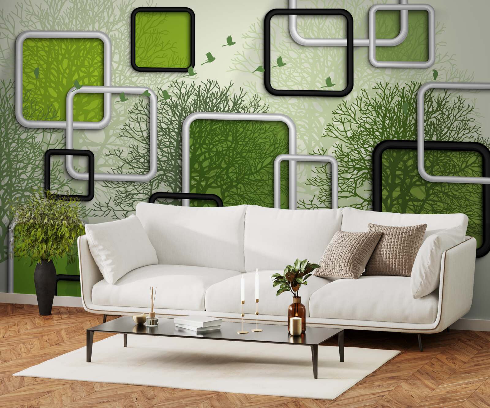 Fotobehang groene achtergrond met abstracte rechthoeken