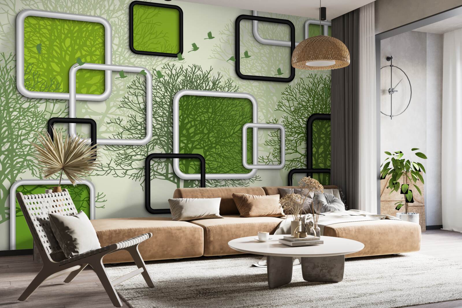 Fotobehang groene achtergrond met abstracte rechthoeken