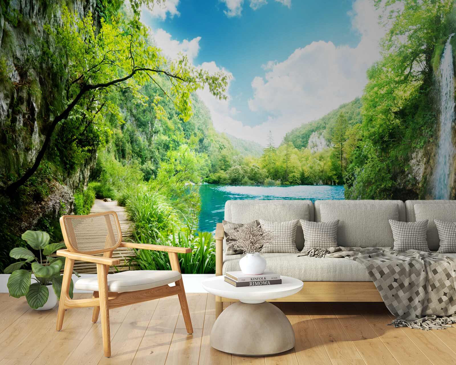 Fotobehang hoge waterval en pad door bosbomen