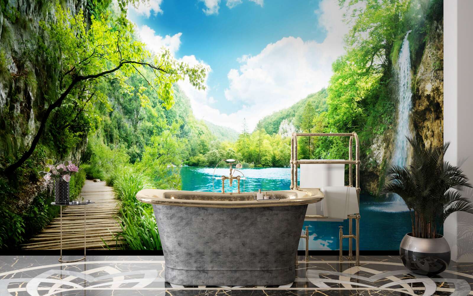 Fotobehang hoge waterval en pad door bosbomen