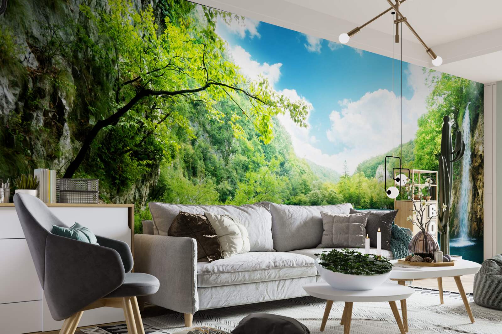 Fotobehang hoge waterval en pad door bosbomen