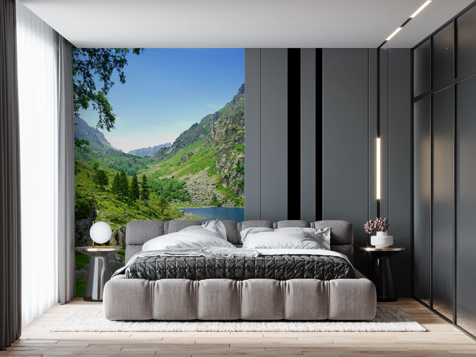 Fotobehang een meer omringd door bergen en groen