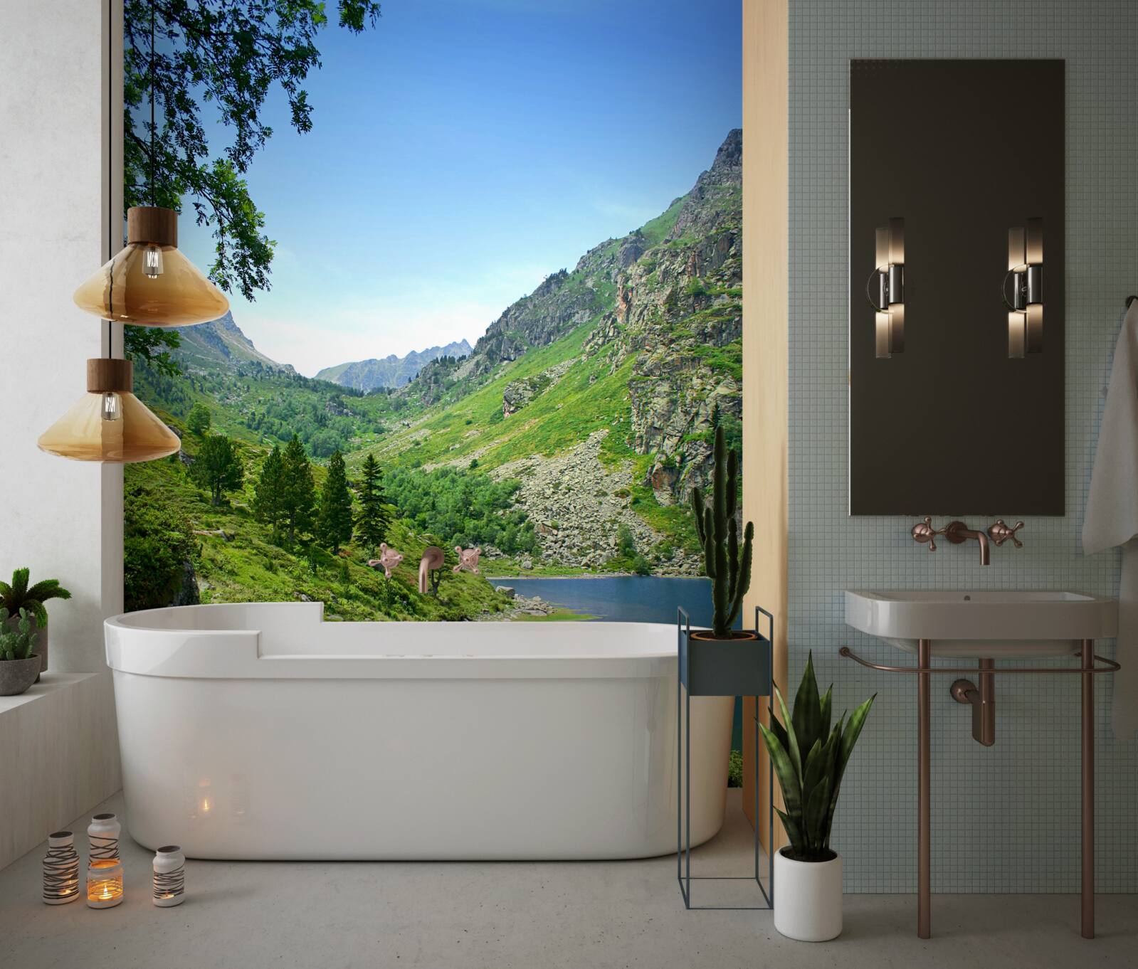 Fotobehang een meer omringd door bergen en groen