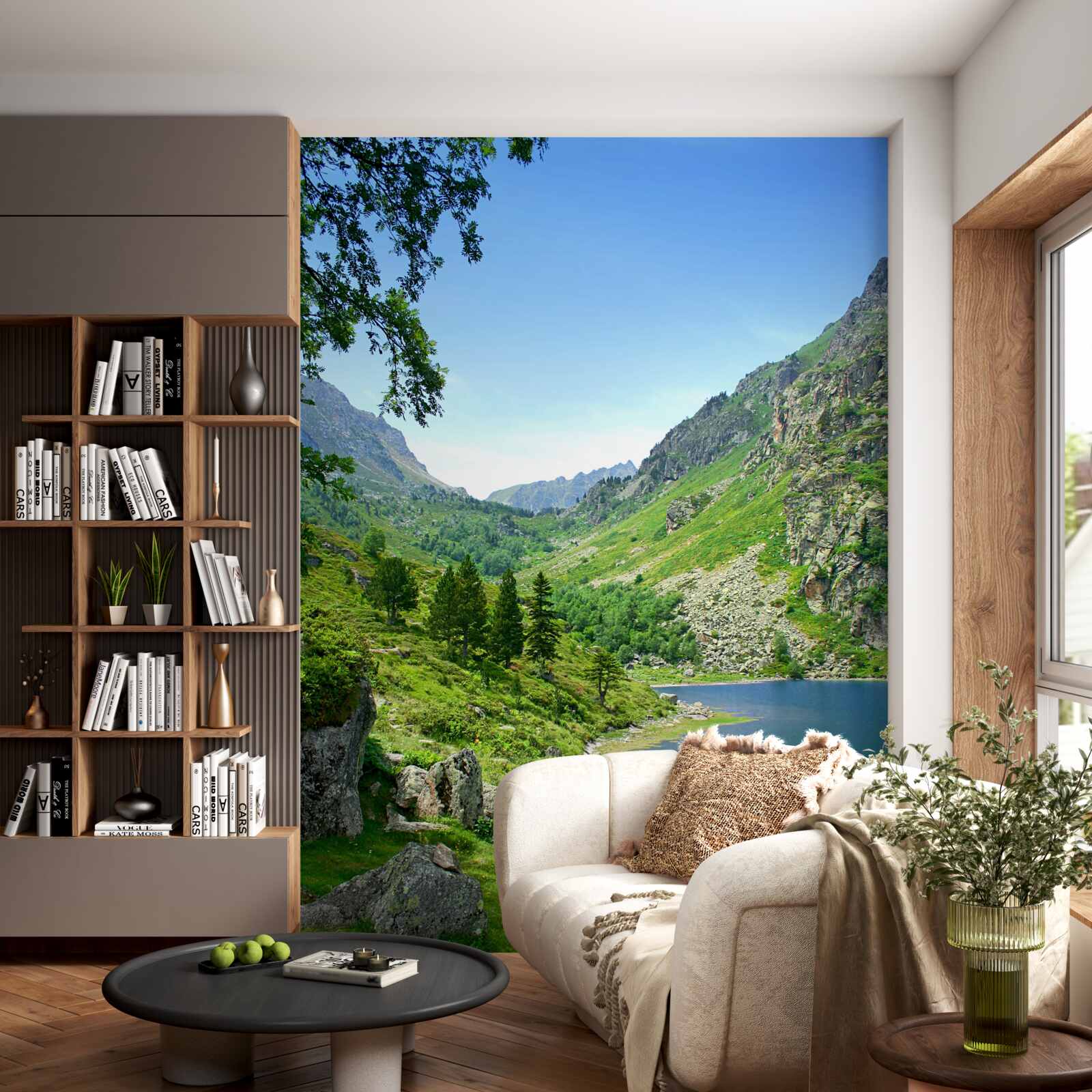 Fotobehang een meer omringd door bergen en groen