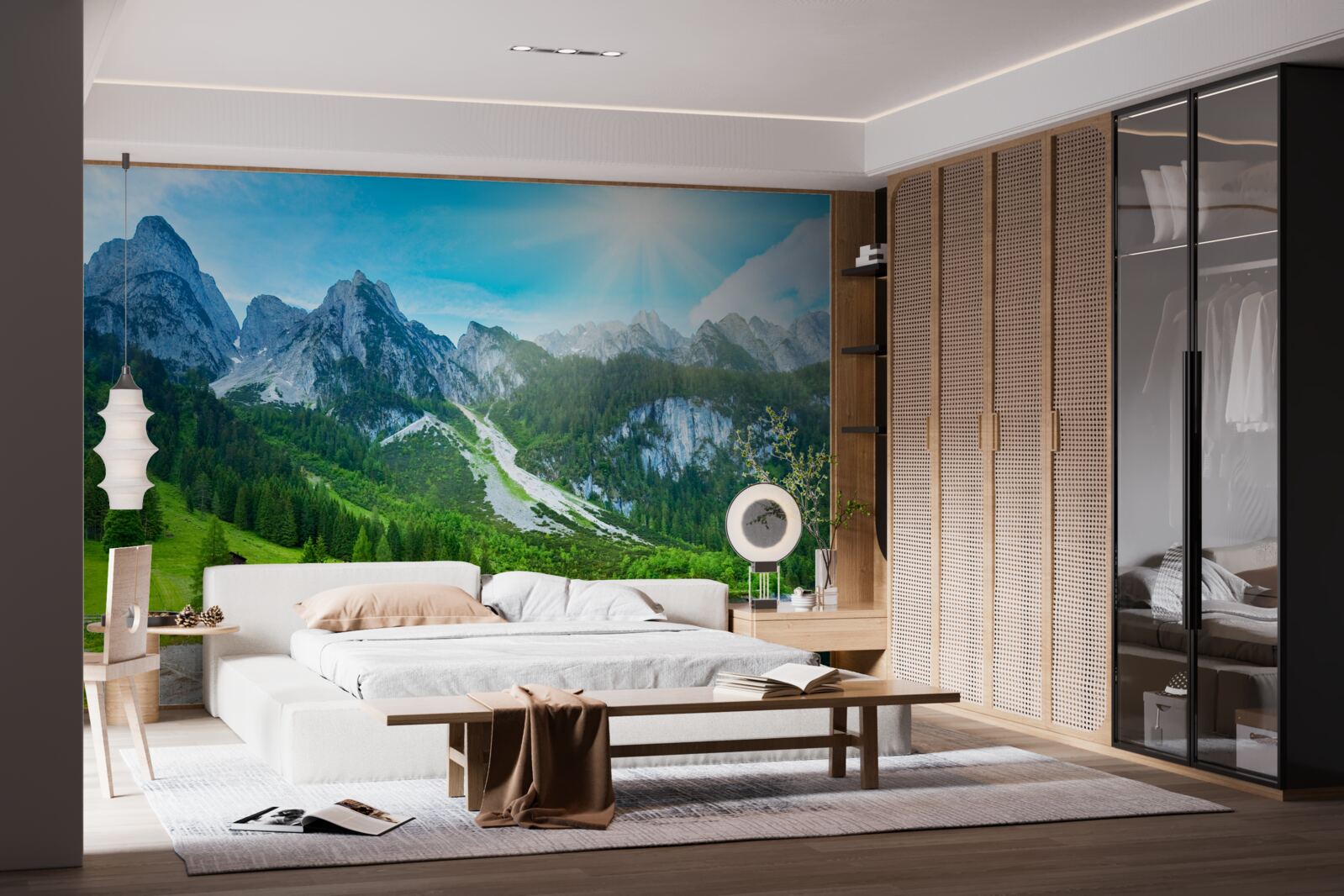 Fotobehang besneeuwde bergtoppen en groene bossen