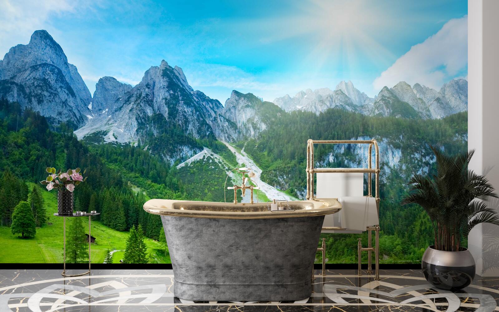 Fotobehang besneeuwde bergtoppen en groene bossen