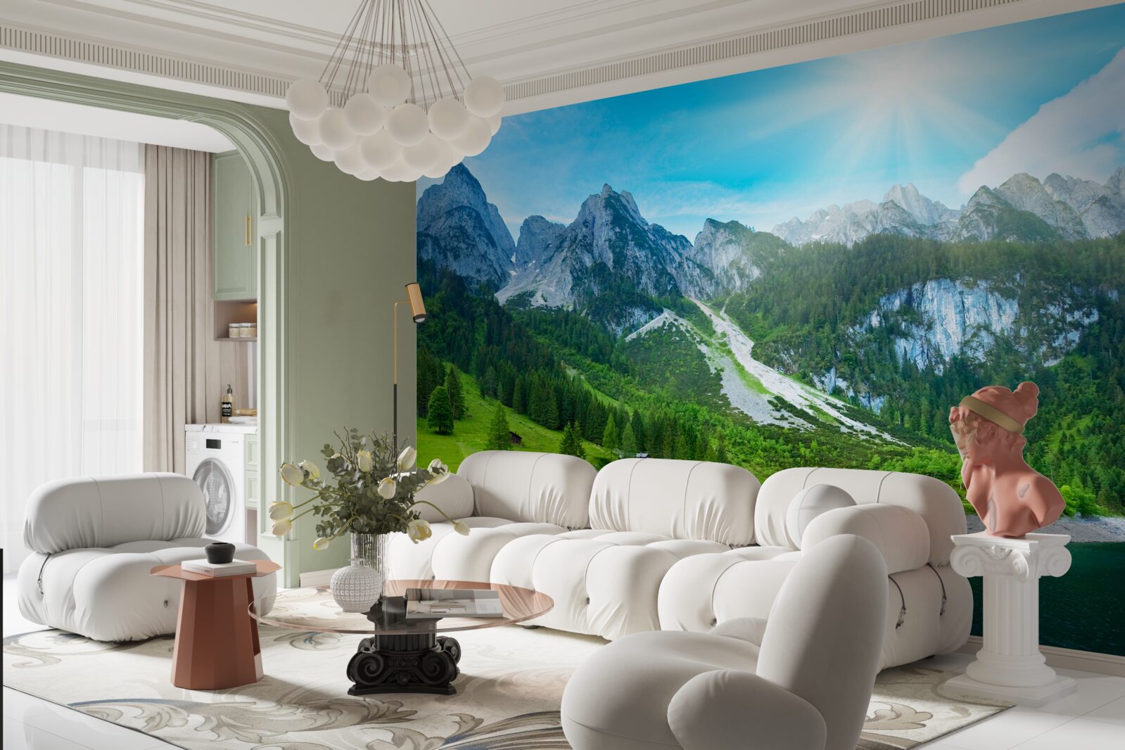 Fotobehang besneeuwde bergtoppen en groene bossen