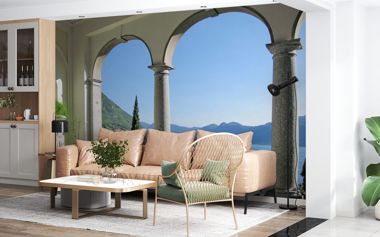 Fotobehang balkon met boogopeningen en uitzicht op water en bergen