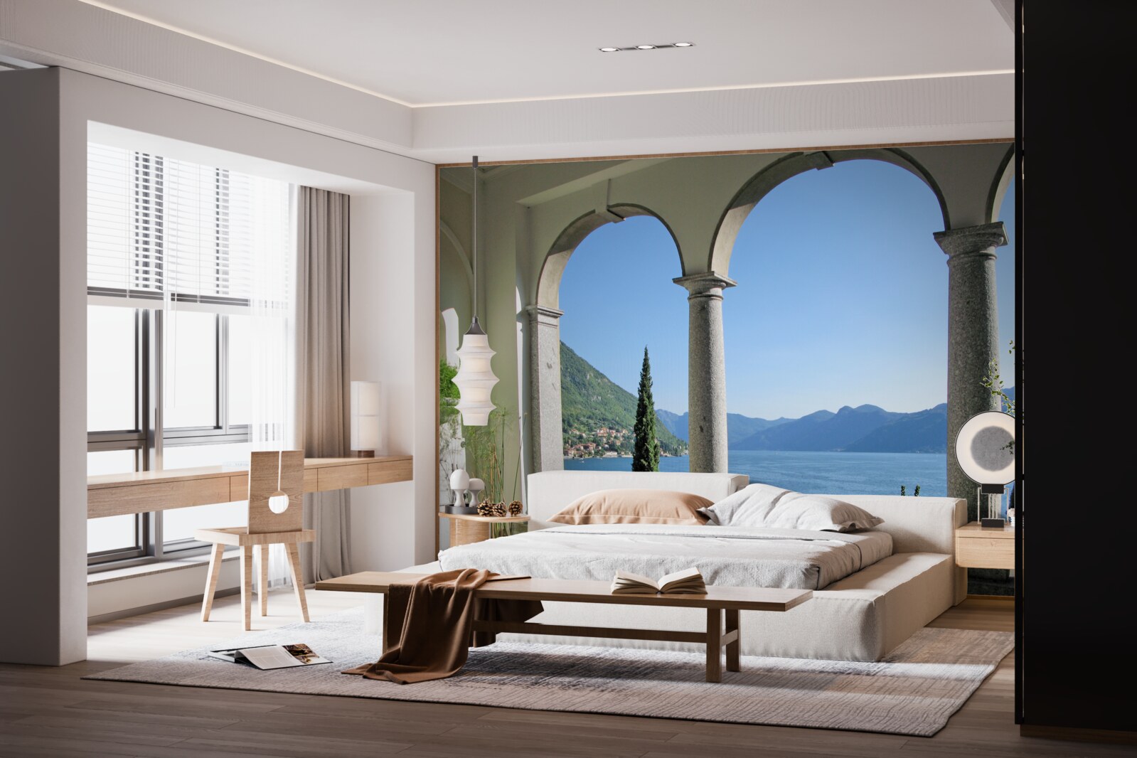 Fotobehang balkon met boogopeningen en uitzicht op water en bergen