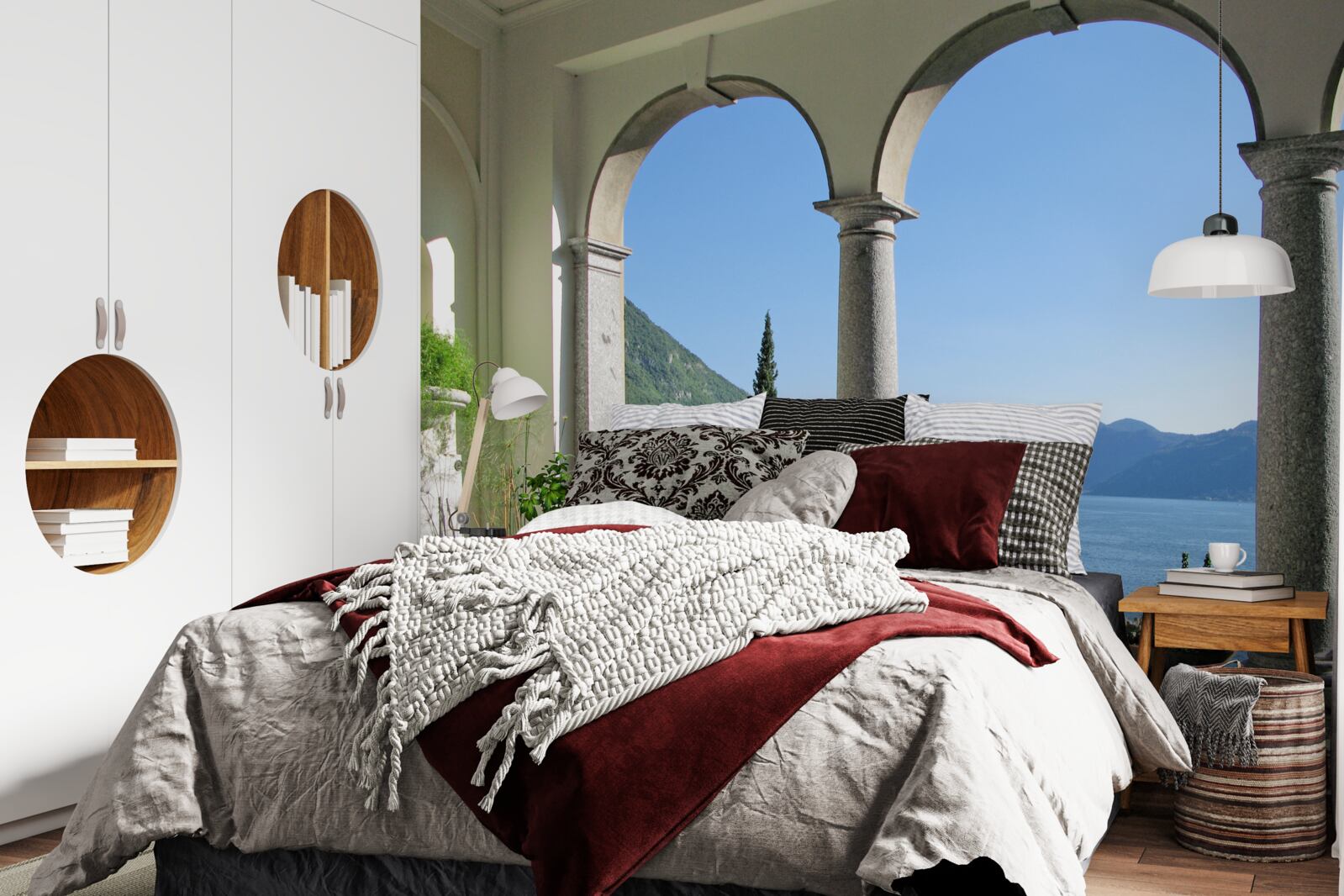 Fotobehang balkon met boogopeningen en uitzicht op water en bergen