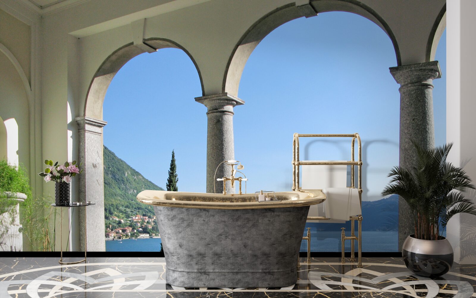 Fotobehang balkon met boogopeningen en uitzicht op water en bergen