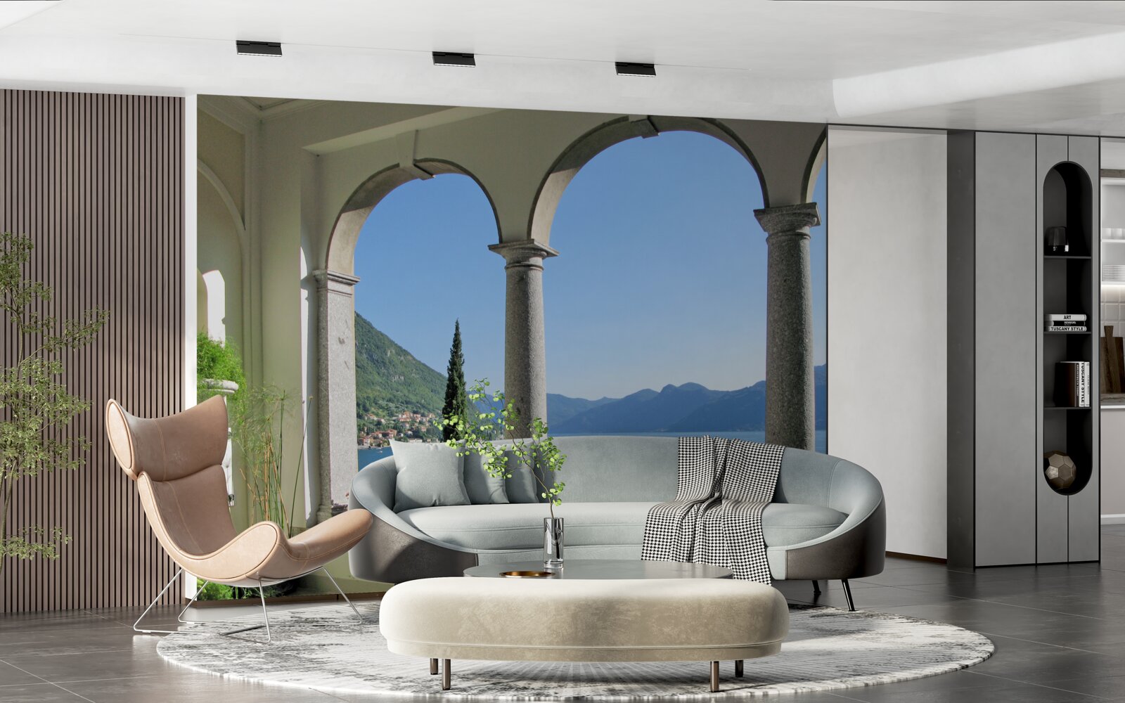 Fotobehang balkon met boogopeningen en uitzicht op water en bergen