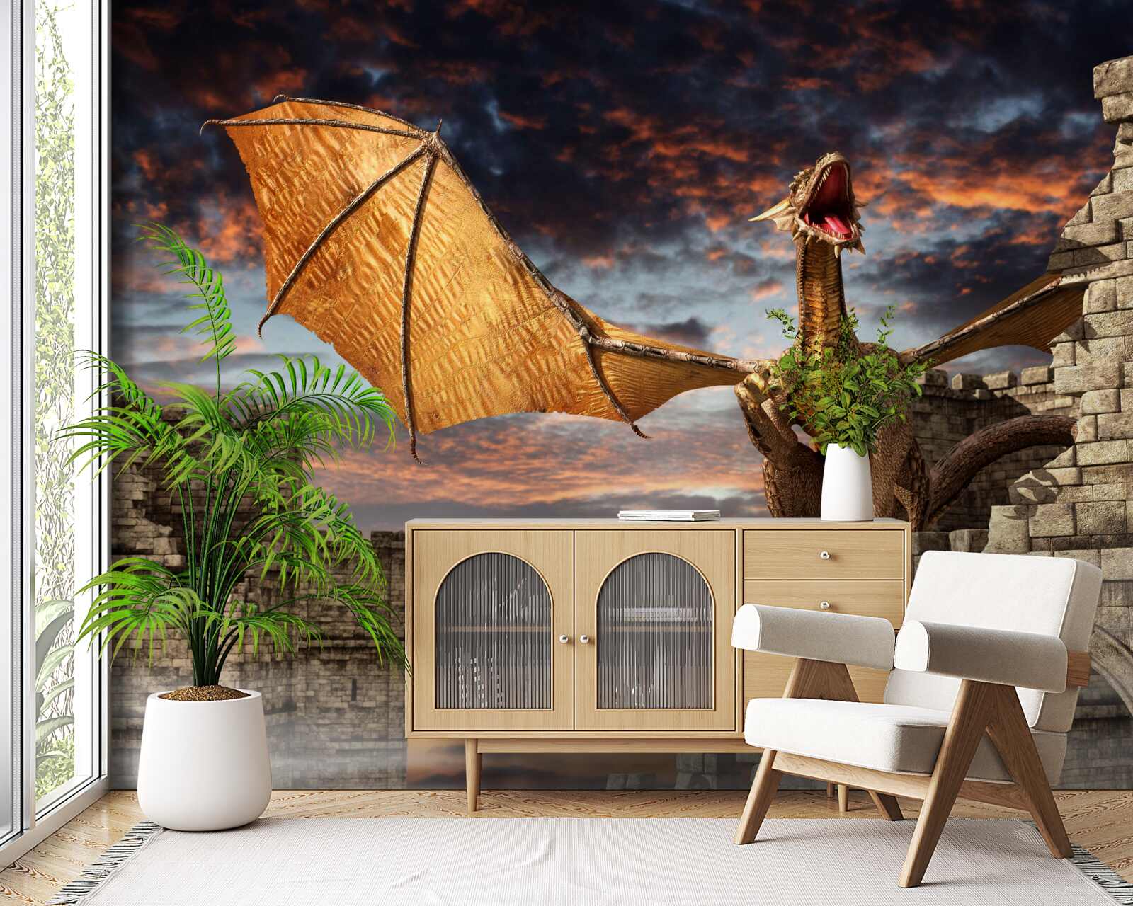 Fotobehang draak in een fort van steen