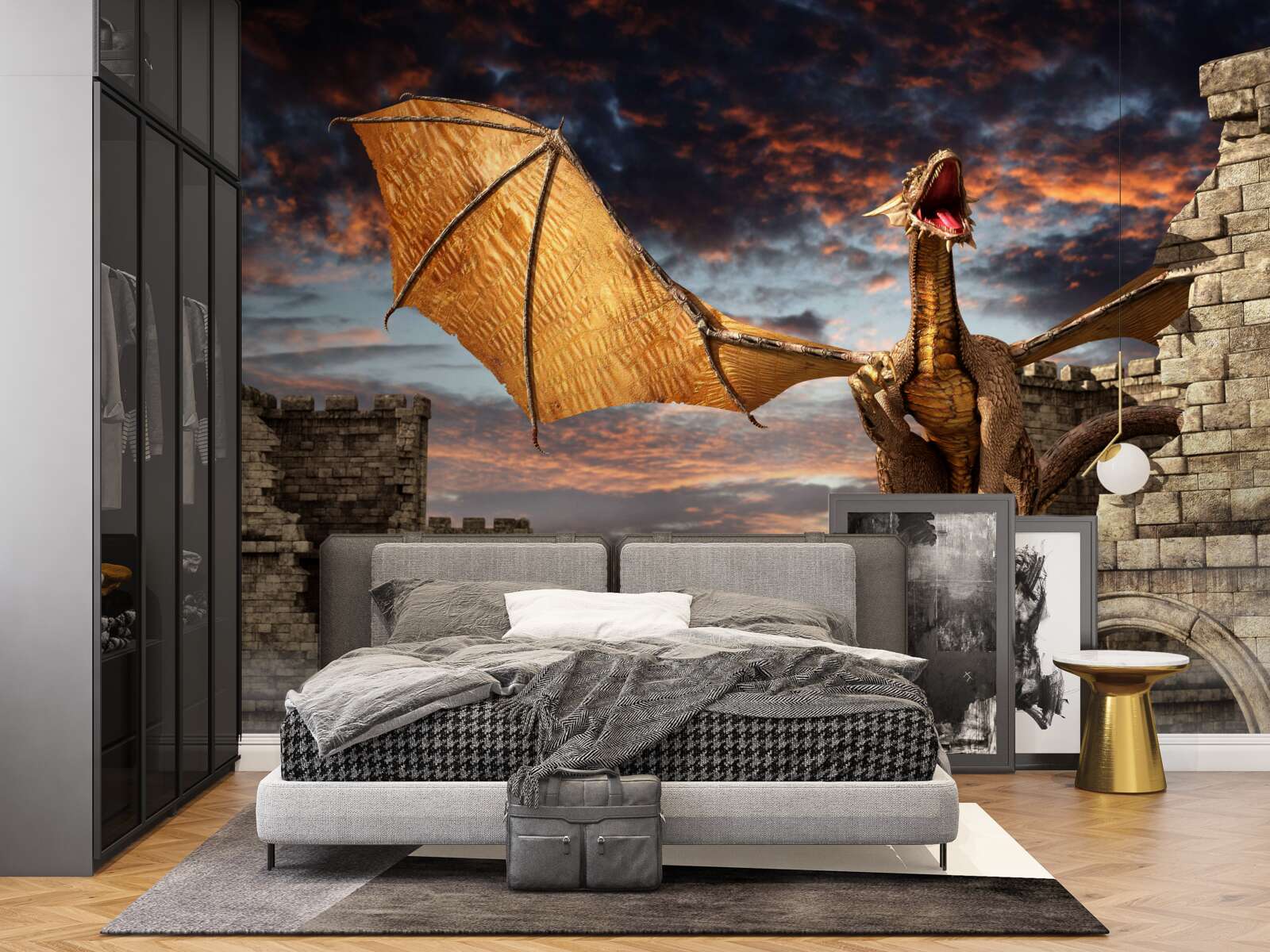 Fotobehang draak in een fort van steen