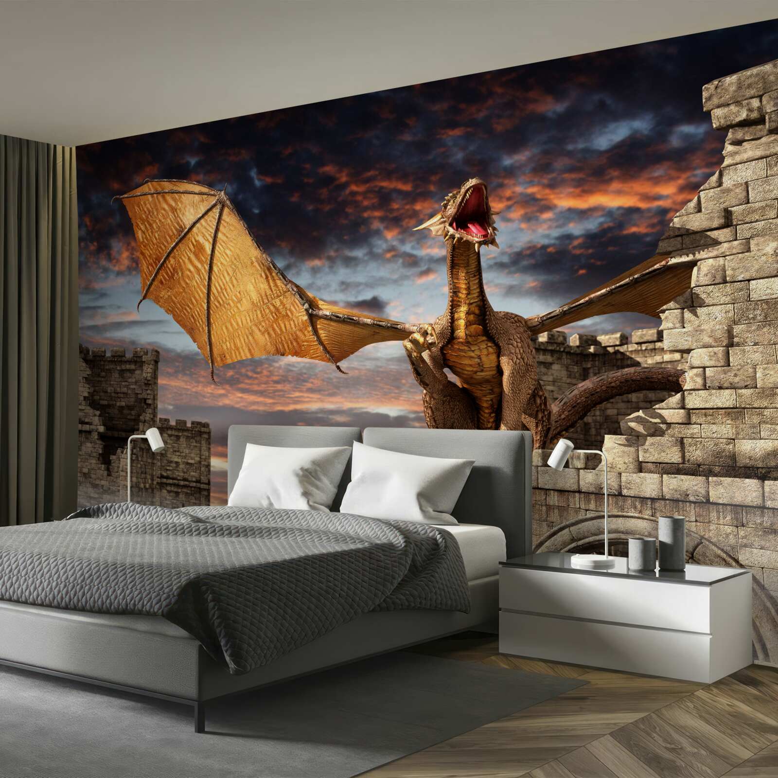 Fotobehang draak in een fort van steen