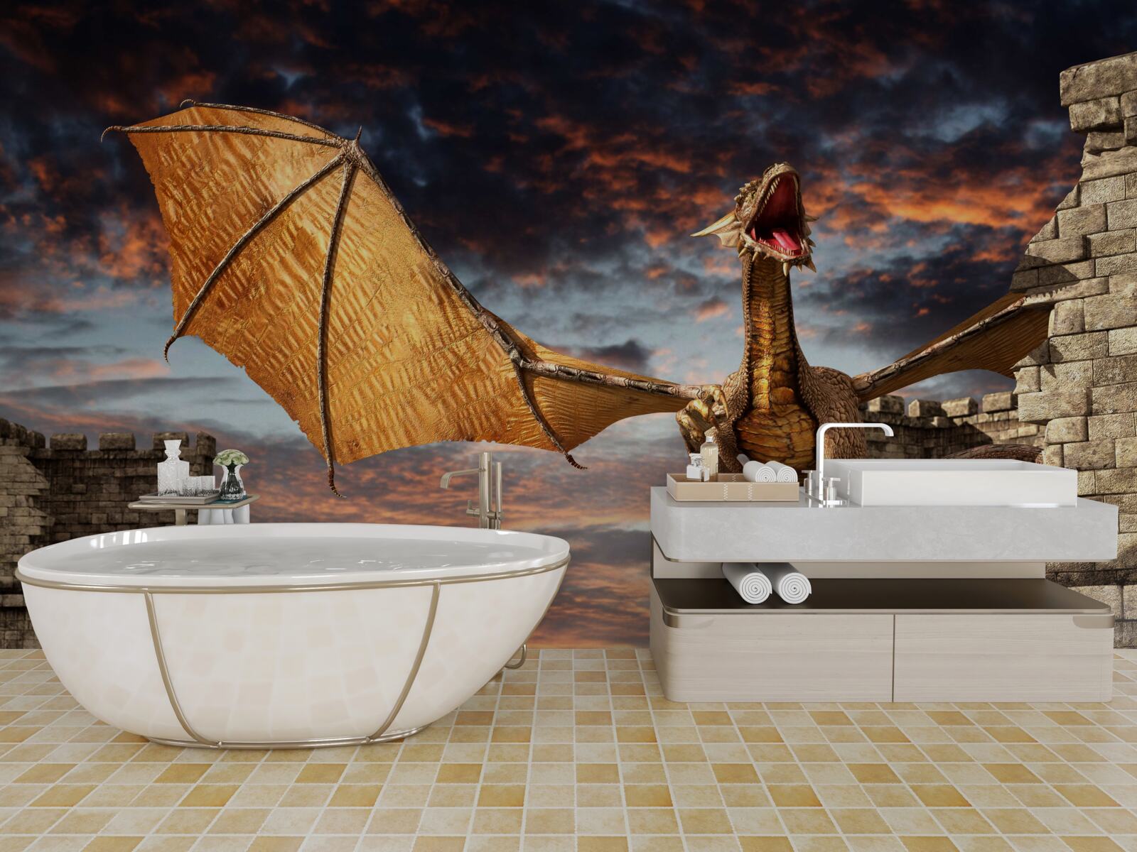 Fotobehang draak in een fort van steen