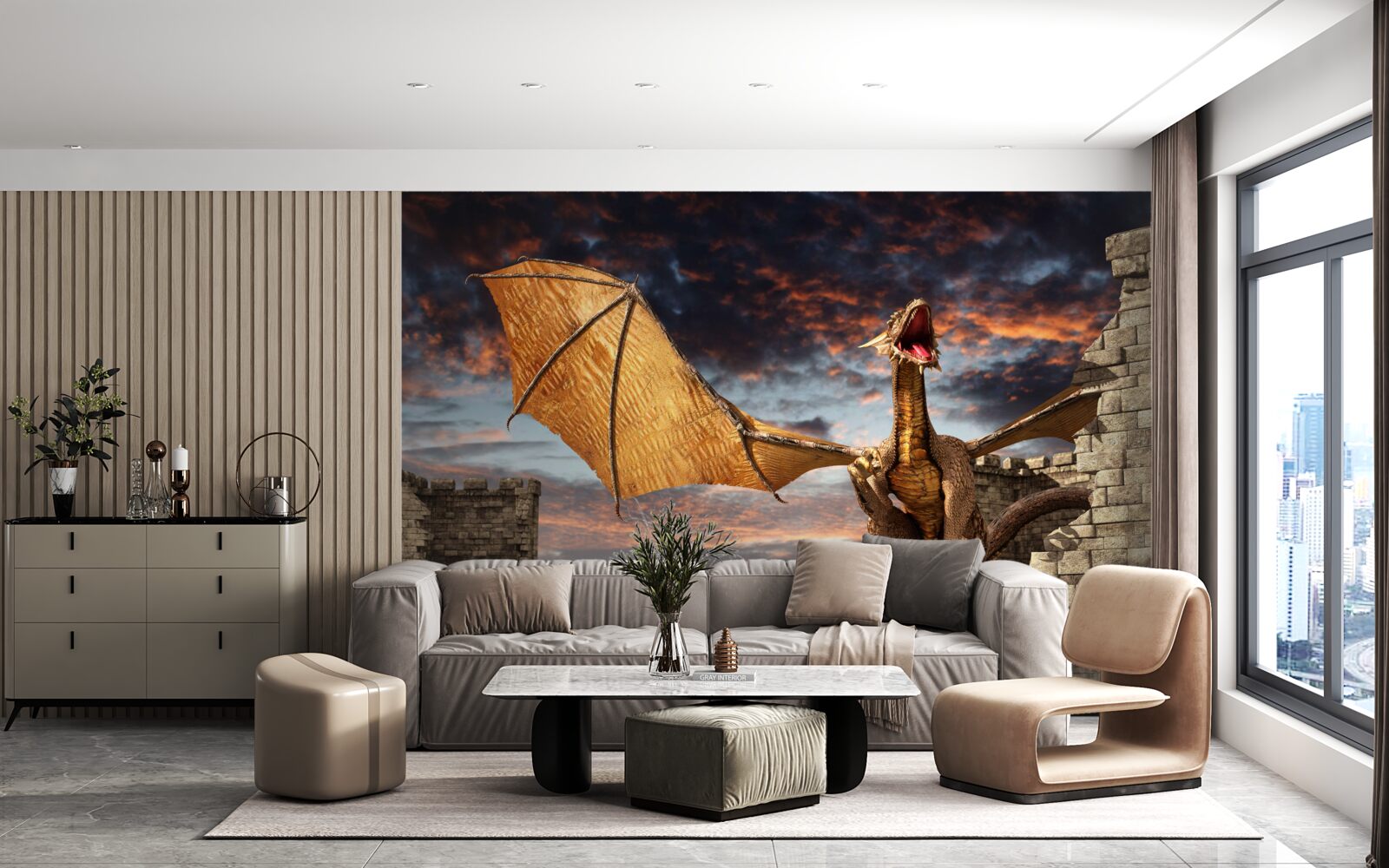 Fotobehang draak in een fort van steen