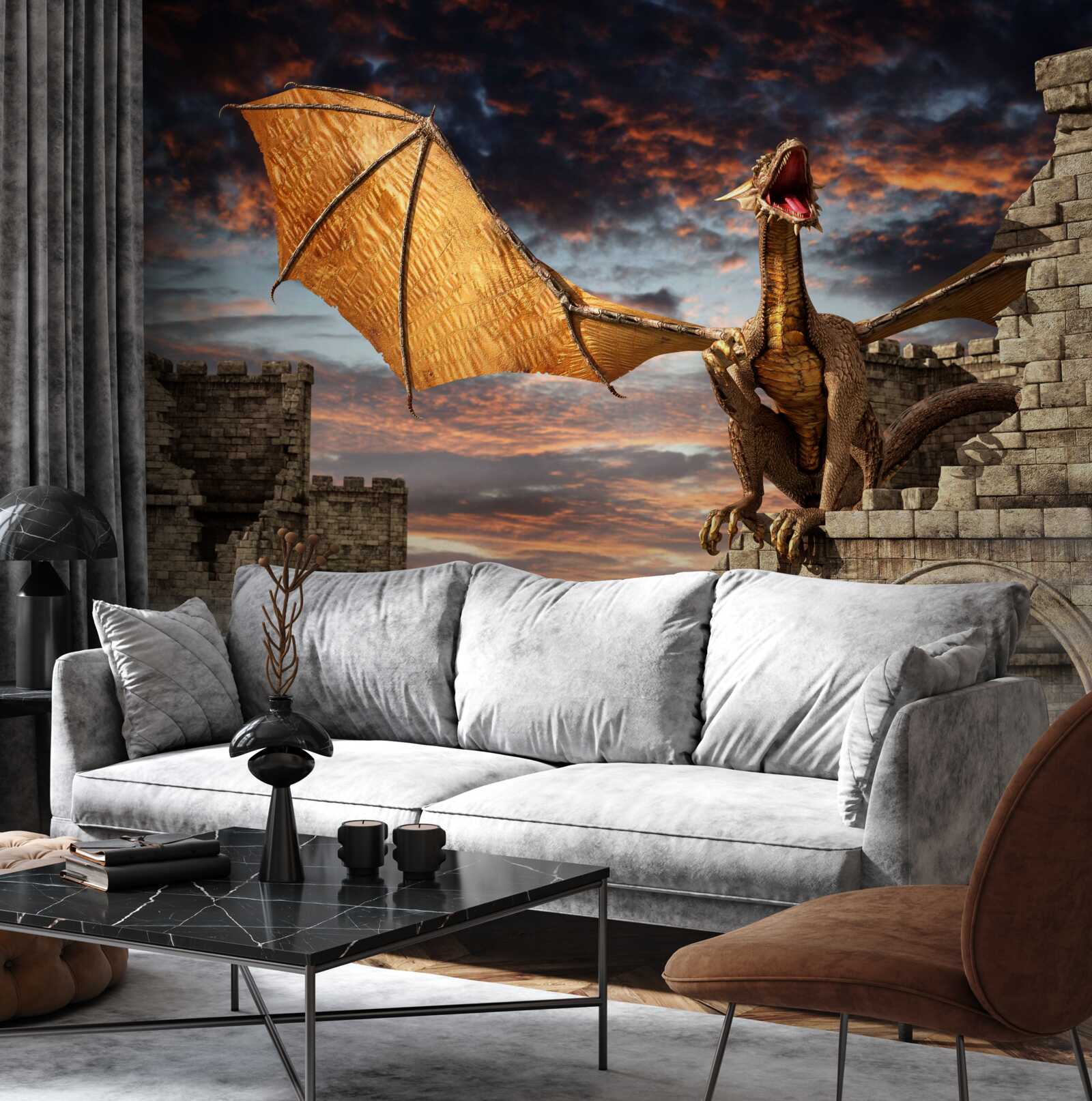 Fotobehang draak in een fort van steen