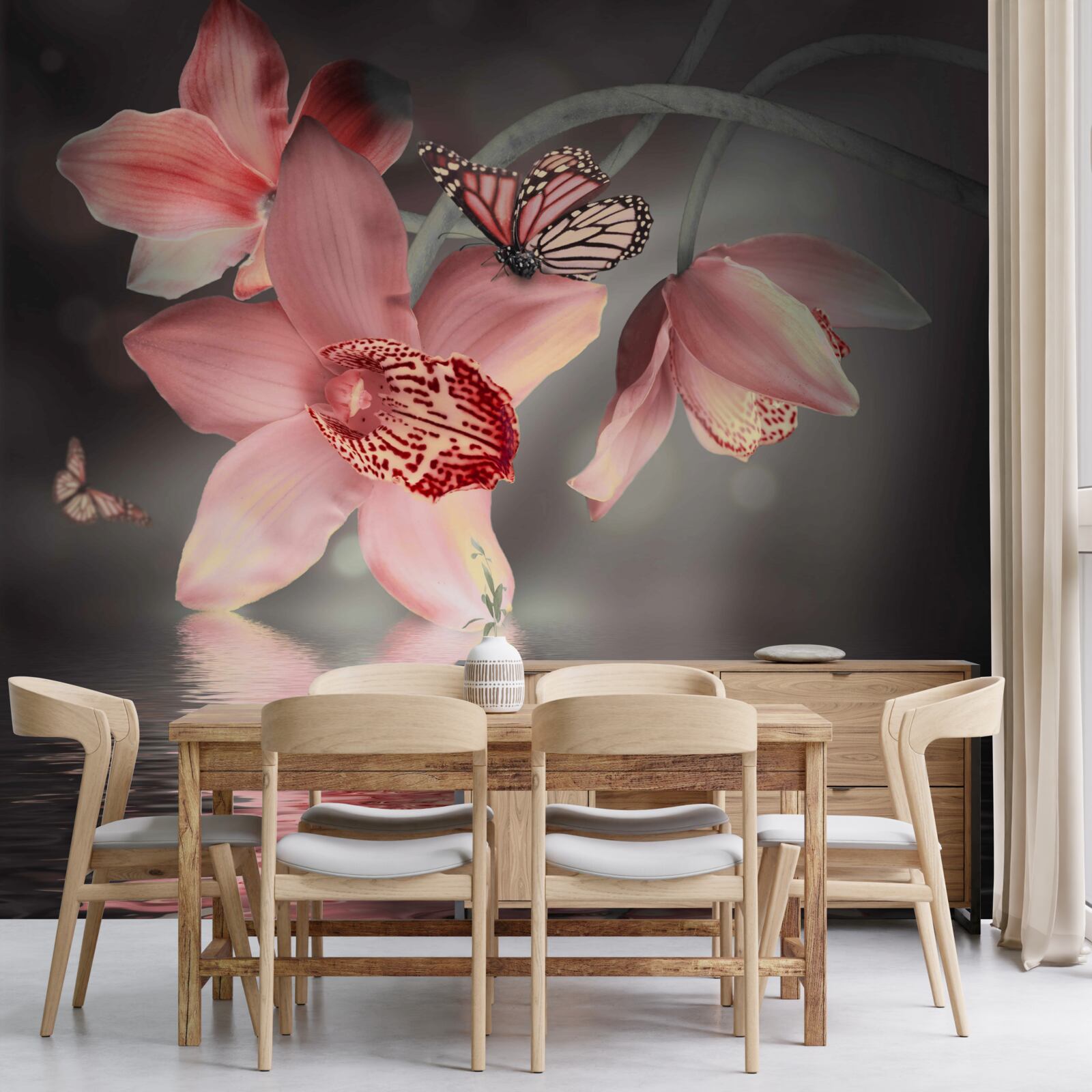 Fotobehang een roze orchidee hangt boven het wateroppervlak