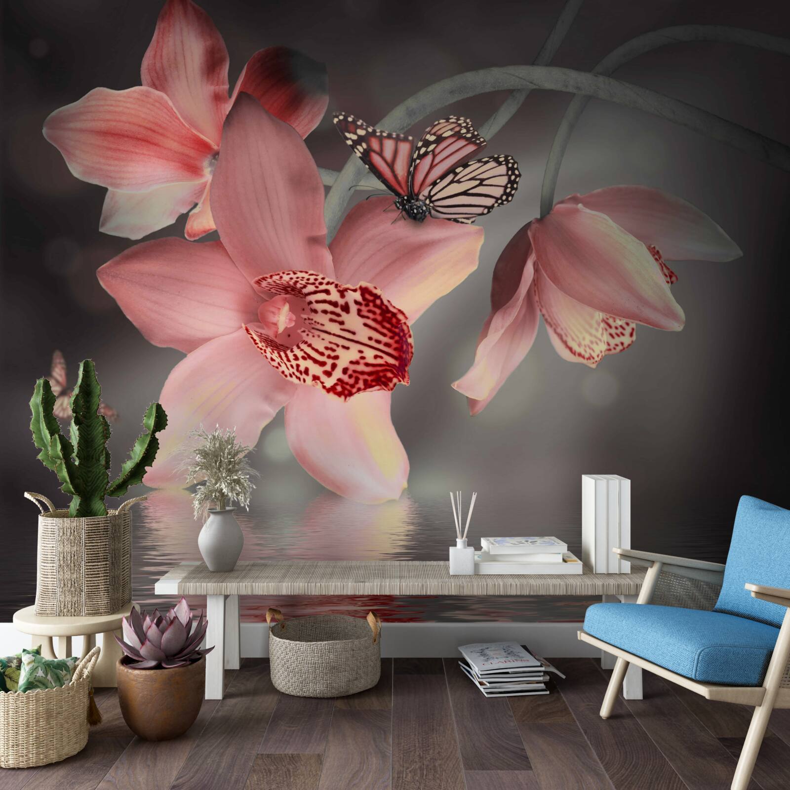 Fotobehang een roze orchidee hangt boven het wateroppervlak
