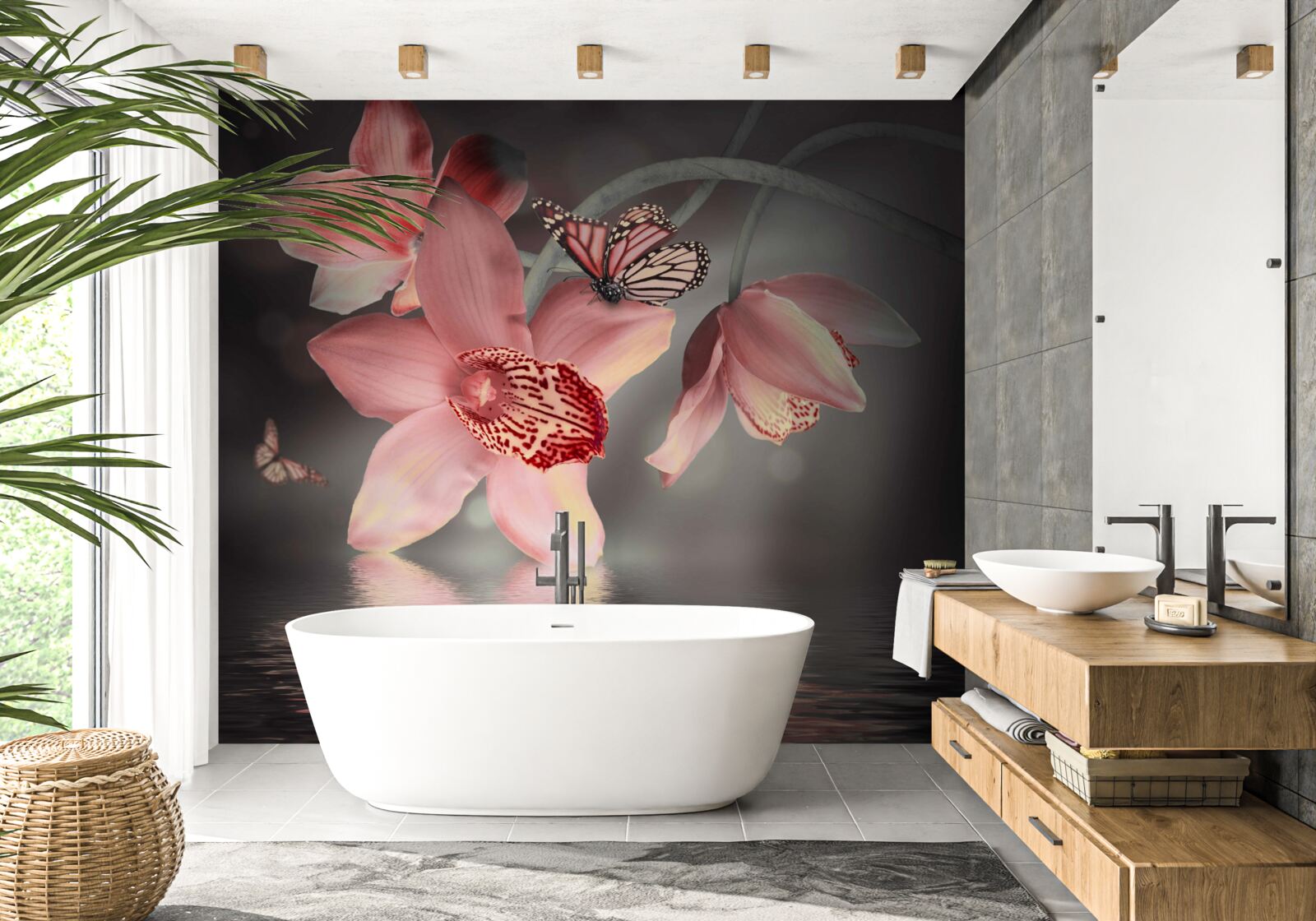 Fotobehang een roze orchidee hangt boven het wateroppervlak