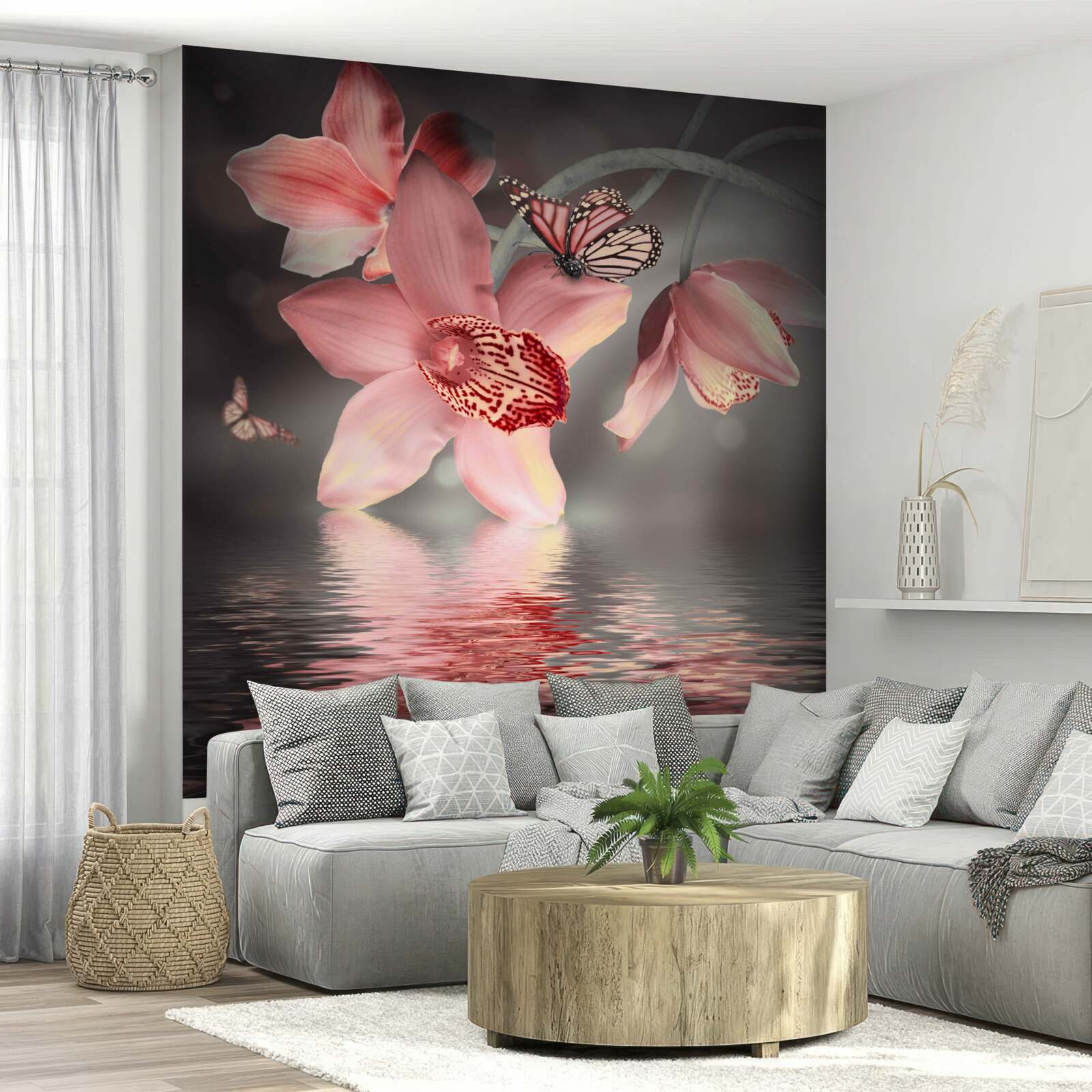 Fotobehang een roze orchidee hangt boven het wateroppervlak