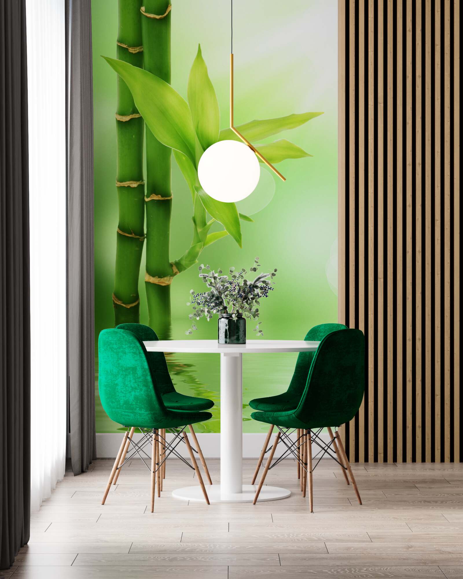 Fotobehang een bamboetak met bloemen op het wateroppervlak