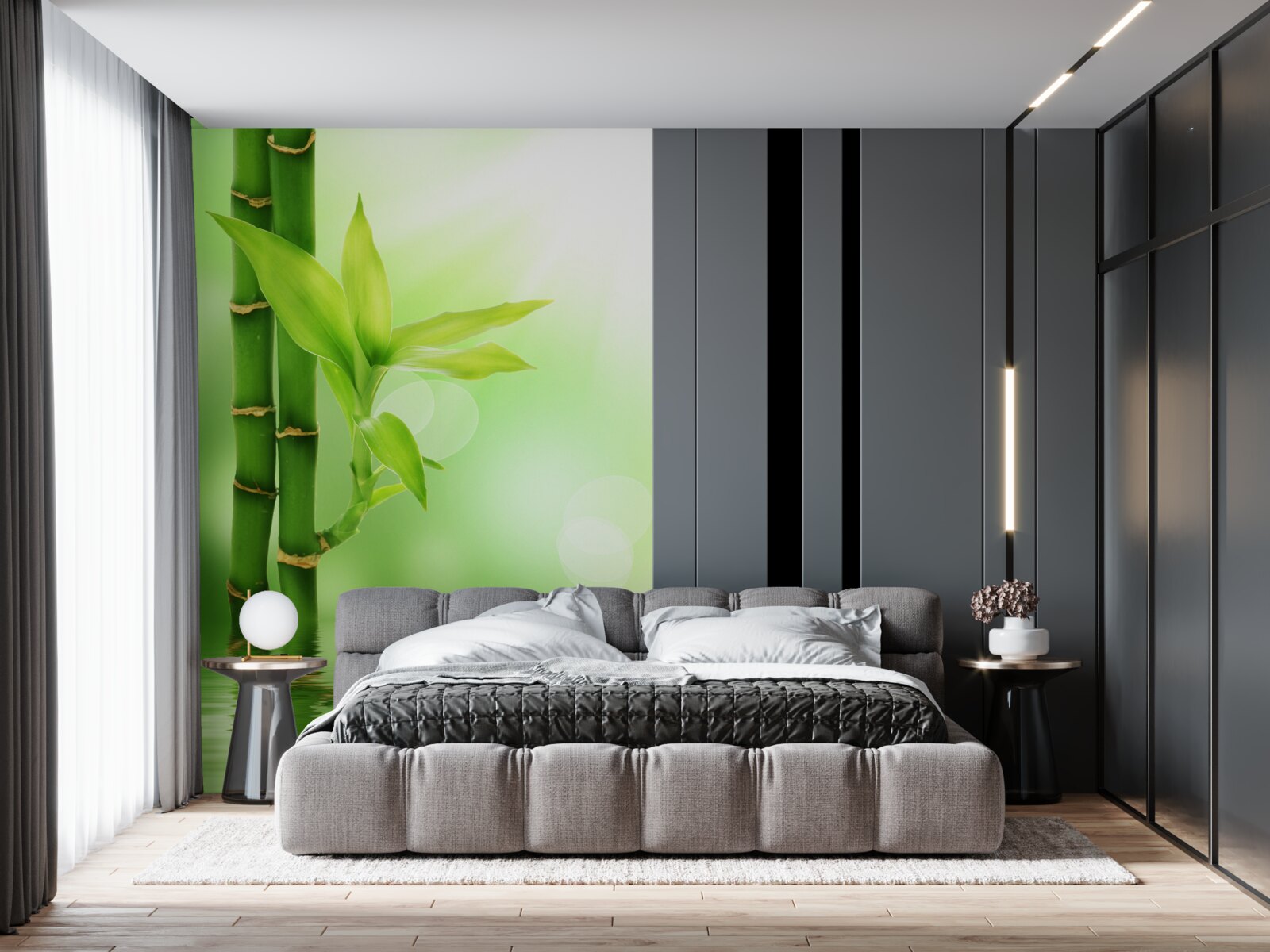 Fotobehang een bamboetak met bloemen op het wateroppervlak