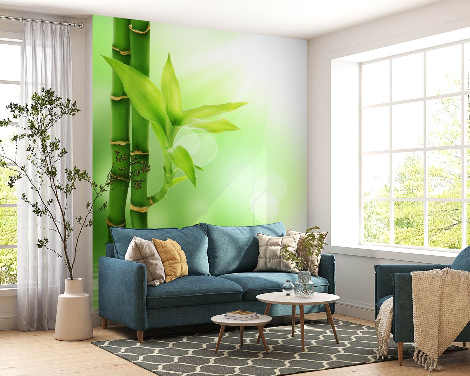 Fotobehang een bamboetak met bloemen op het wateroppervlak