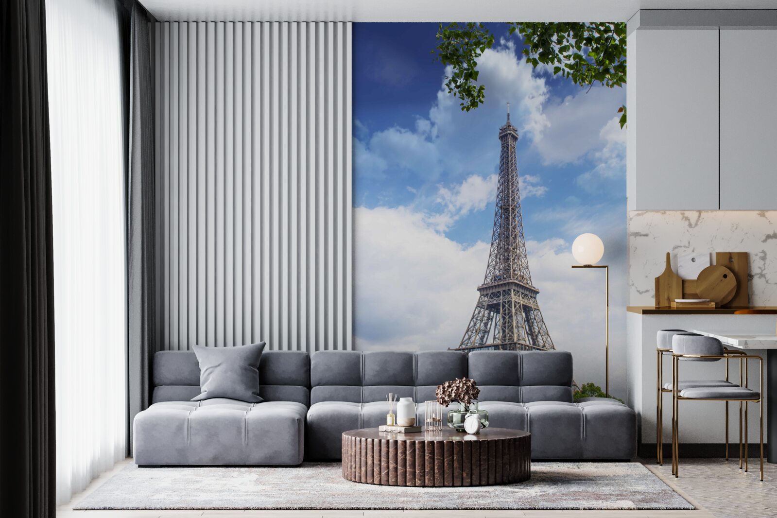 Fotobehang de eiffeltoren rijst op tegen een heldere hemel