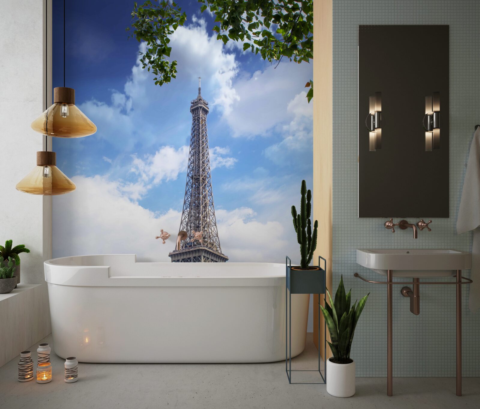 Fotobehang de eiffeltoren rijst op tegen een heldere hemel