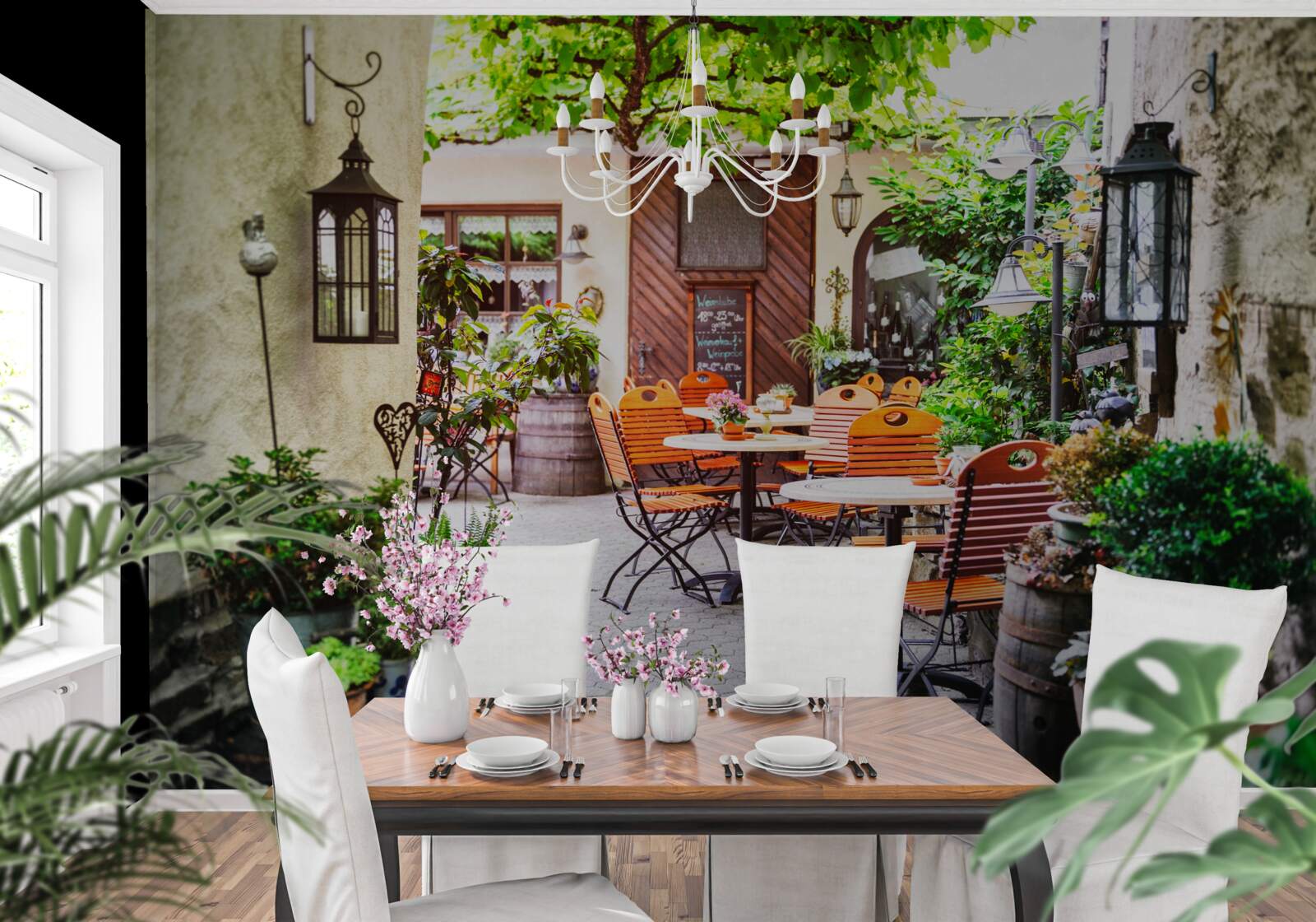 Fotobehang klein café met een tafel in het historische deel van de stad