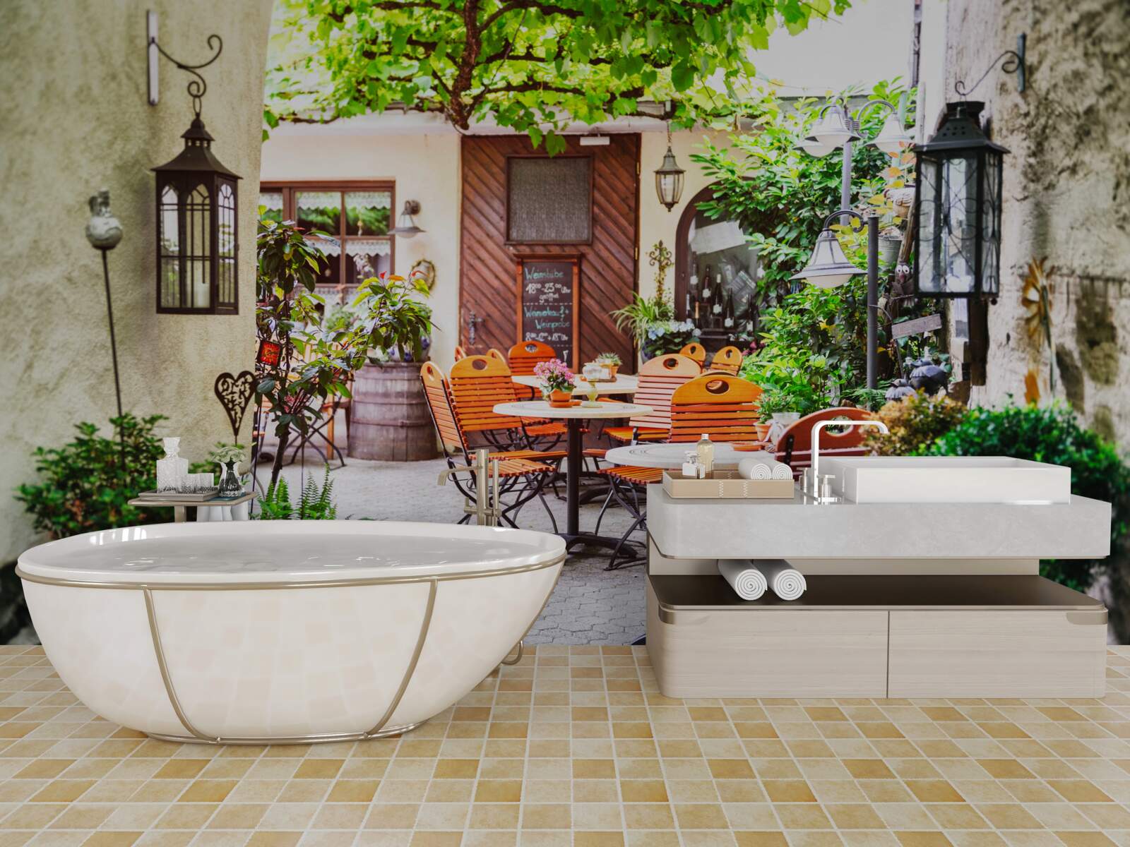 Fotobehang klein café met een tafel in het historische deel van de stad